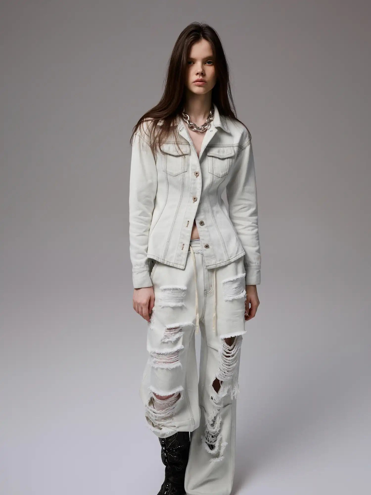 1Jinn Studio Distressed White Denim Jacket | Canton Collective