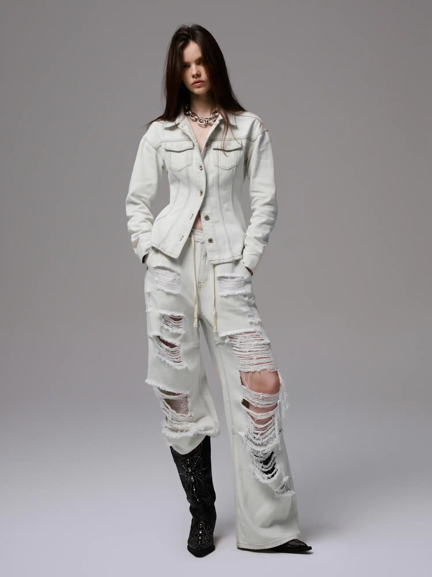 1Jinn Studio Distressed White Denim Jacket | Canton Collective