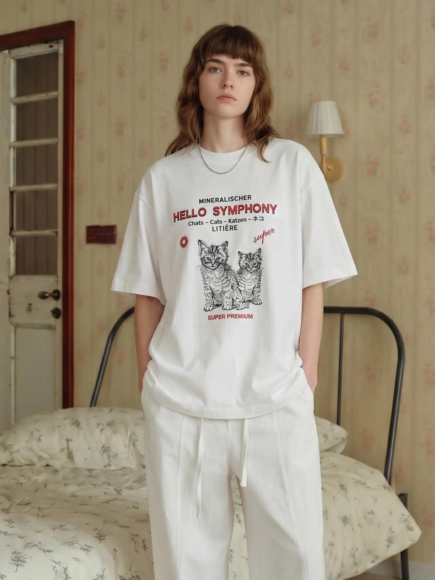 CantonCollective Design Embroidered Cotton Oversized Tee with Cat Graphic | Canton Collective