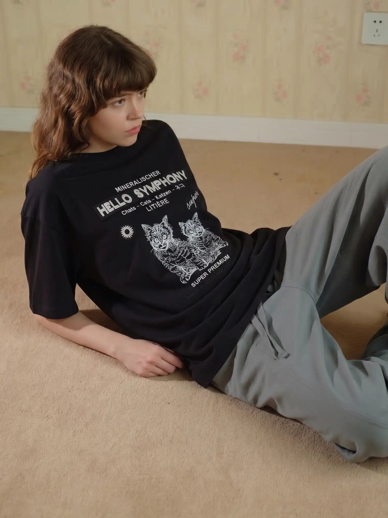 CantonCollective Design Embroidered Cotton Oversized Tee with Cat Graphic | Canton Collective