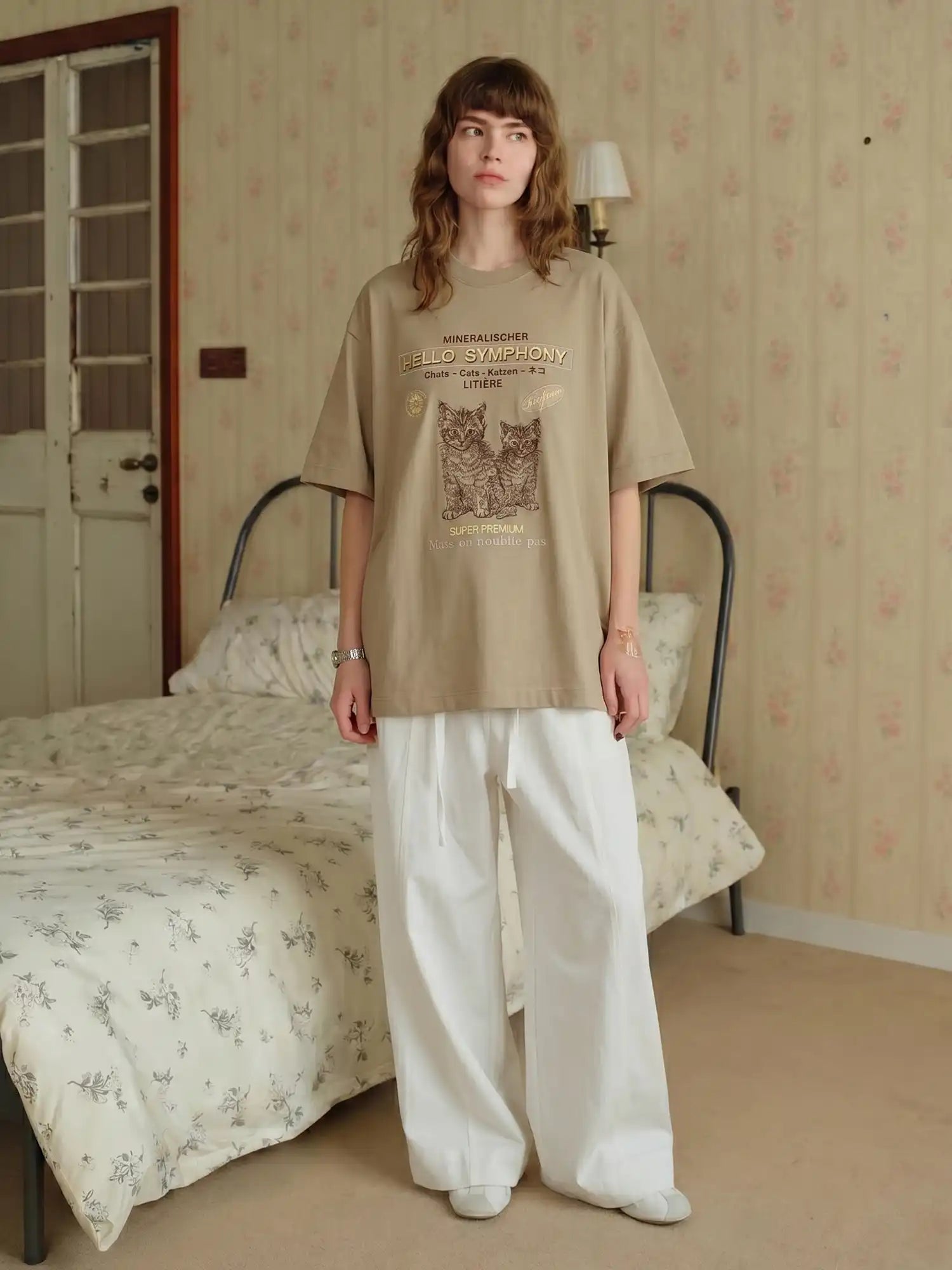 CantonCollective Design Embroidered Cotton Oversized Tee with Cat Graphic | Canton Collective