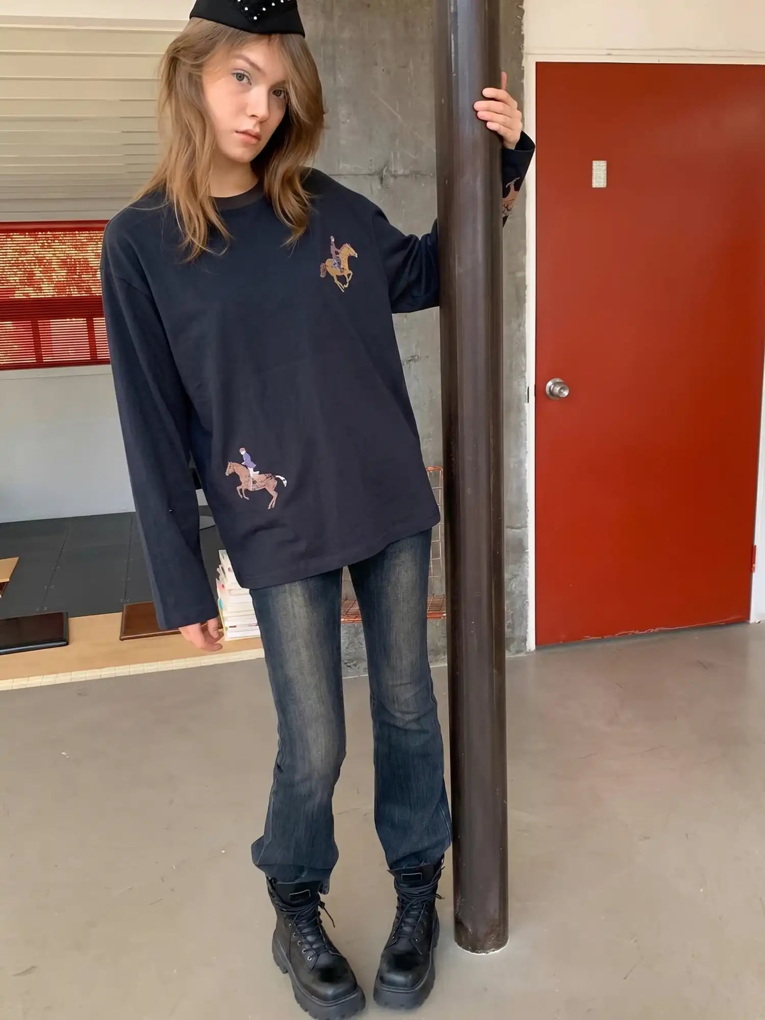 CantonCollective Design Equestrian Print Drop-Shoulder Long Sleeve Top | Canton Collective