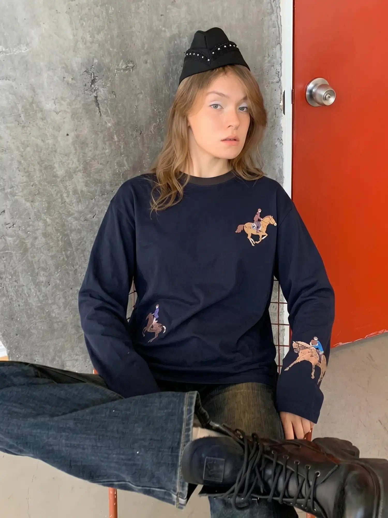 CantonCollective Design Equestrian Print Drop-Shoulder Long Sleeve Top | Canton Collective