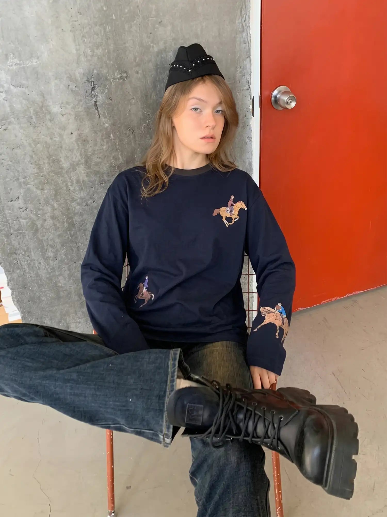 CantonCollective Design Equestrian Print Drop-Shoulder Long Sleeve Top | Canton Collective