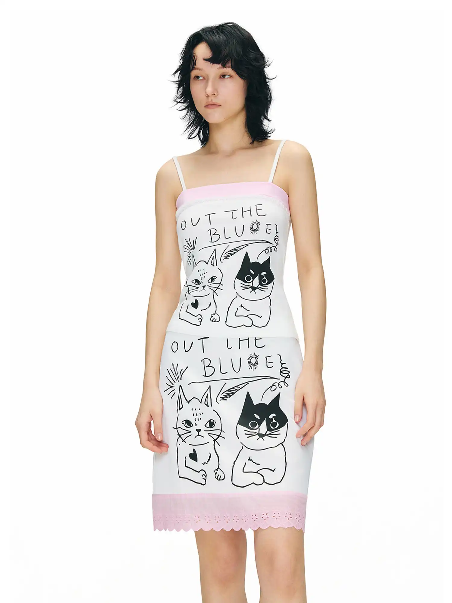 Outtheblue Pink Eyelet Cat Print A-Line Mini Skirt | Canton Collective