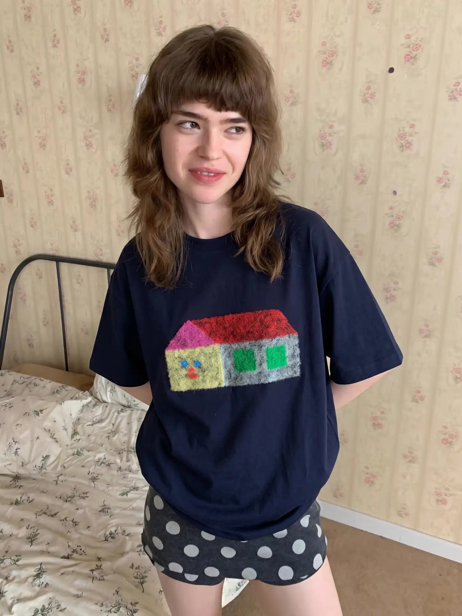 CantonCollective Design Felt Applique Oversized Tee with Kawaii House Character | Canton Collective