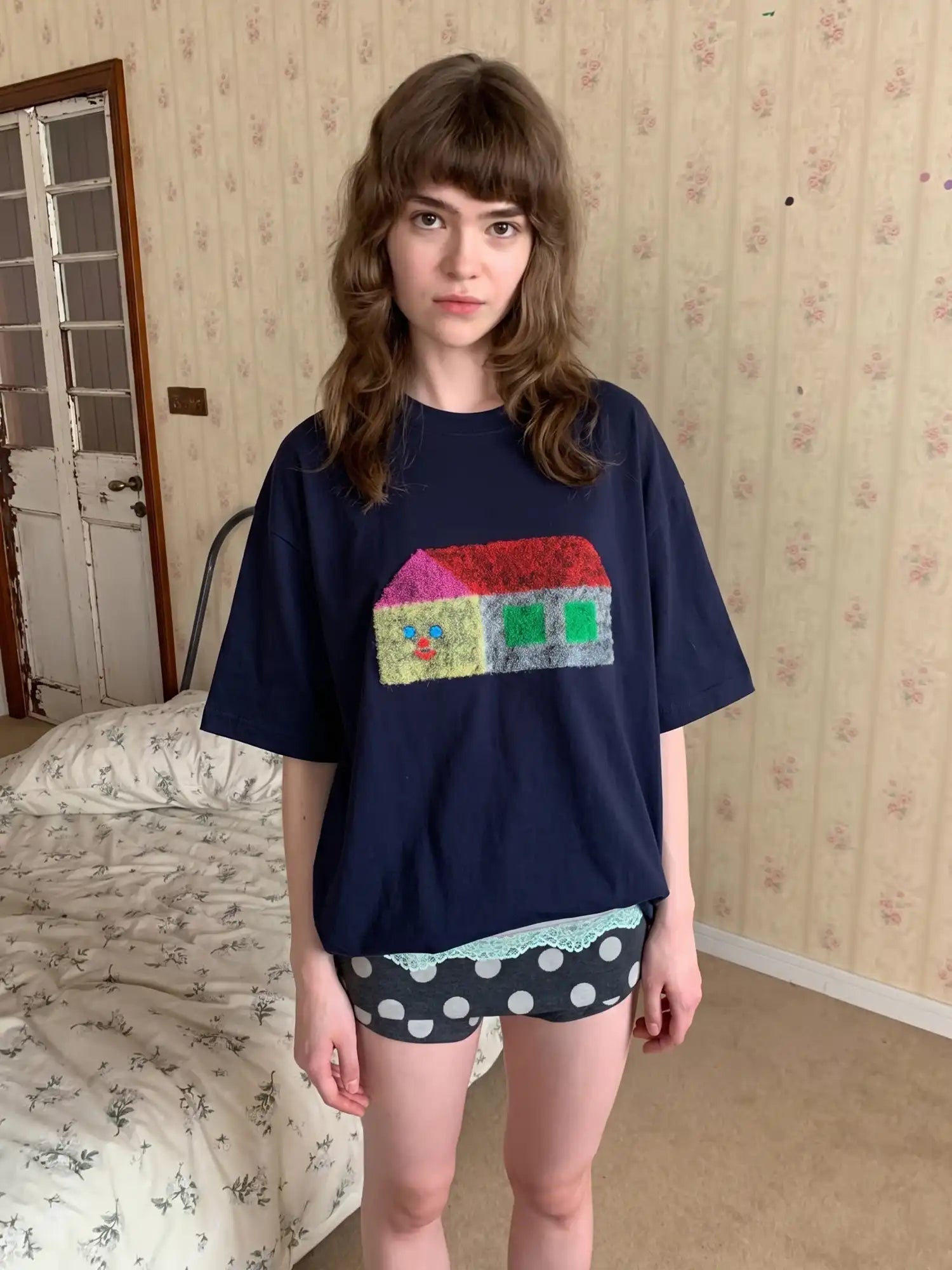 CantonCollective Design Felt Applique Oversized Tee with Kawaii House Character | Canton Collective