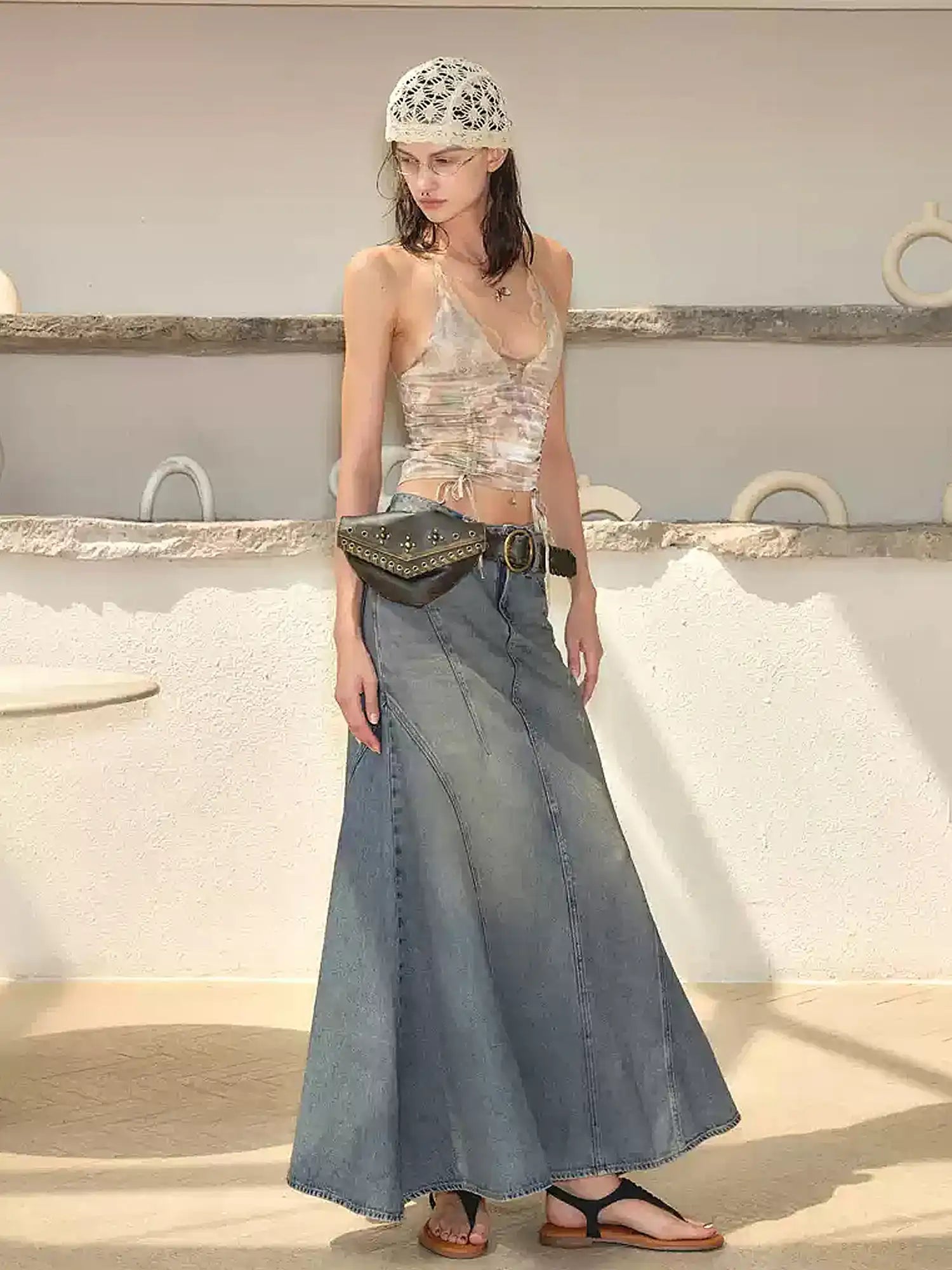 2th Desire Flared Denim Skirt with Vintage Waistband | Canton Collective