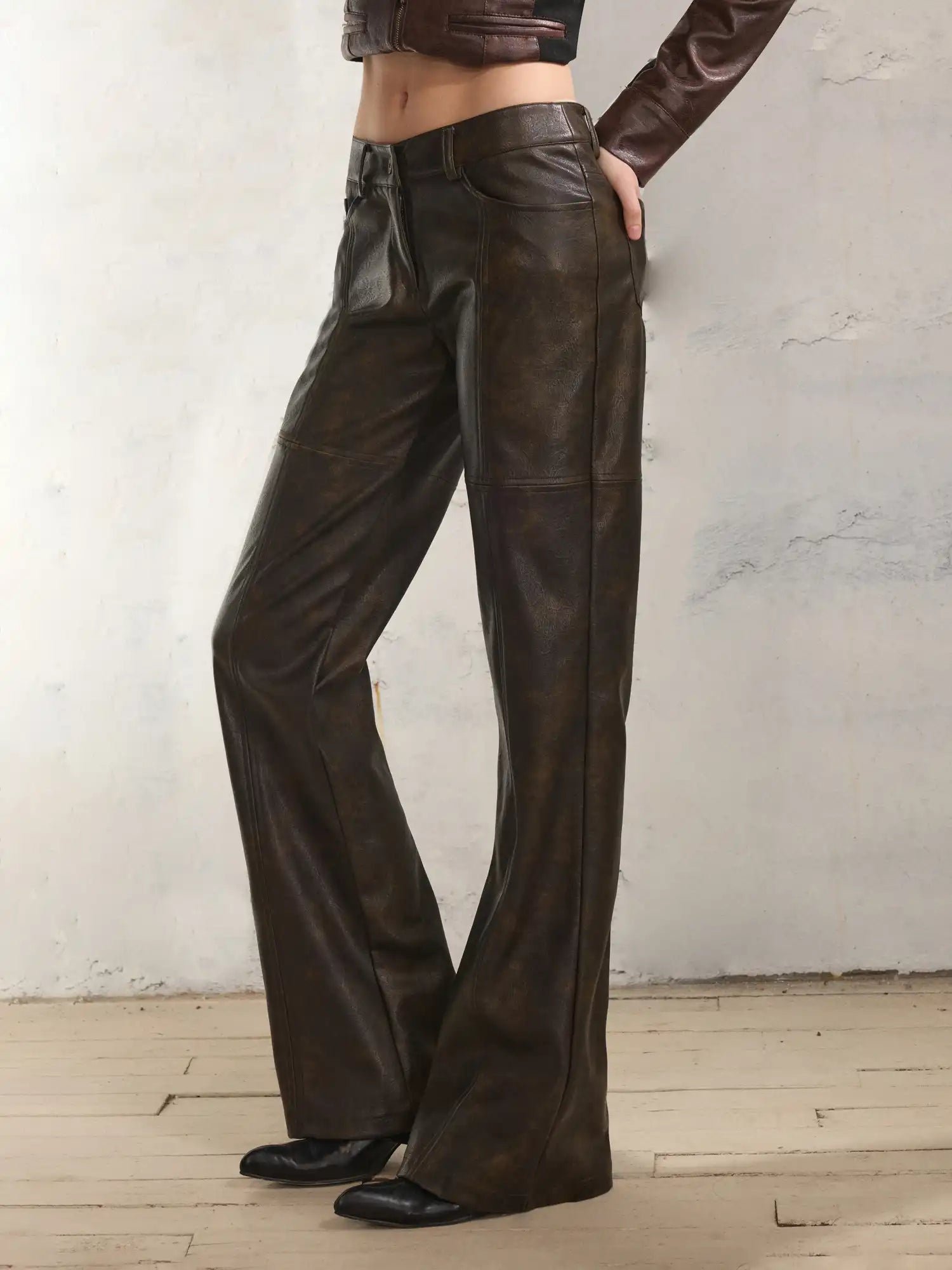 Flared Distressed Leather Pants