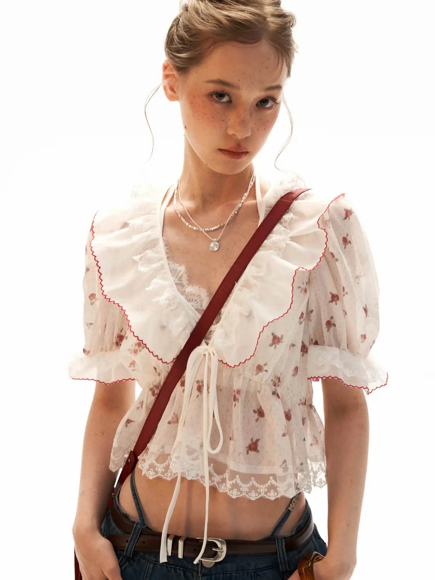 MAMC Floral Tie Front Ruffle Crop Top | Canton Collective