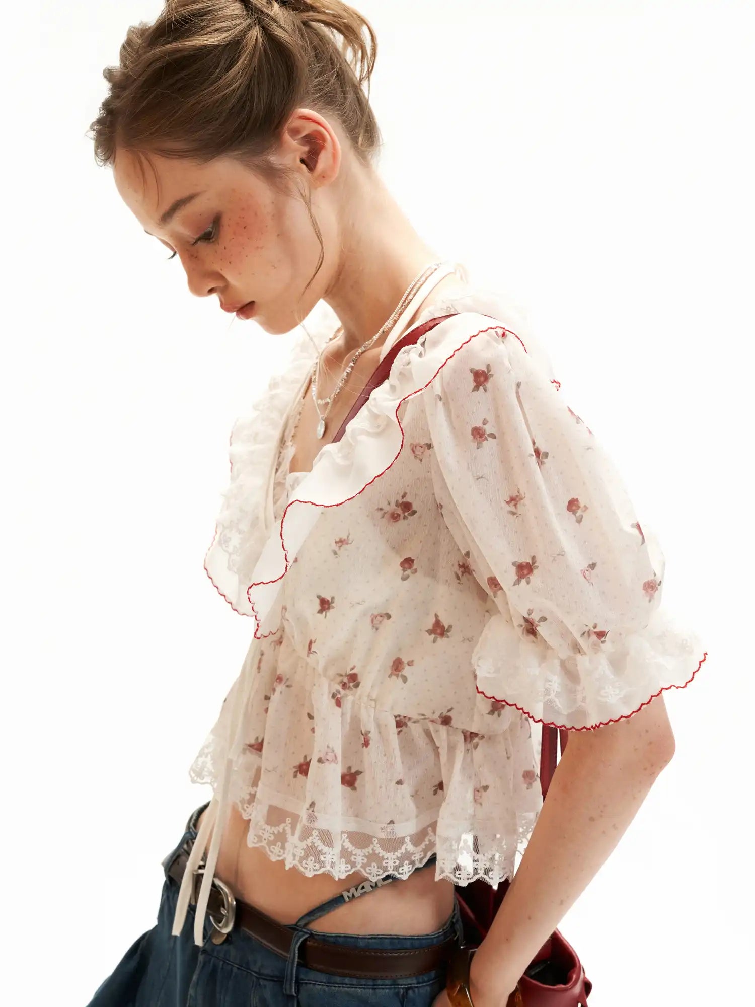 MAMC Floral Tie Front Ruffle Crop Top | Canton Collective