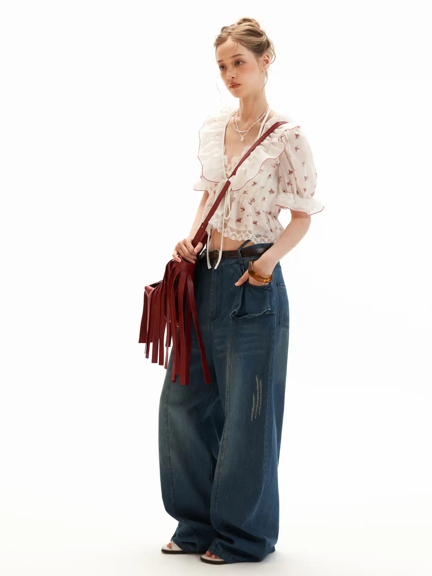 MAMC Floral Tie Front Ruffle Crop Top | Canton Collective