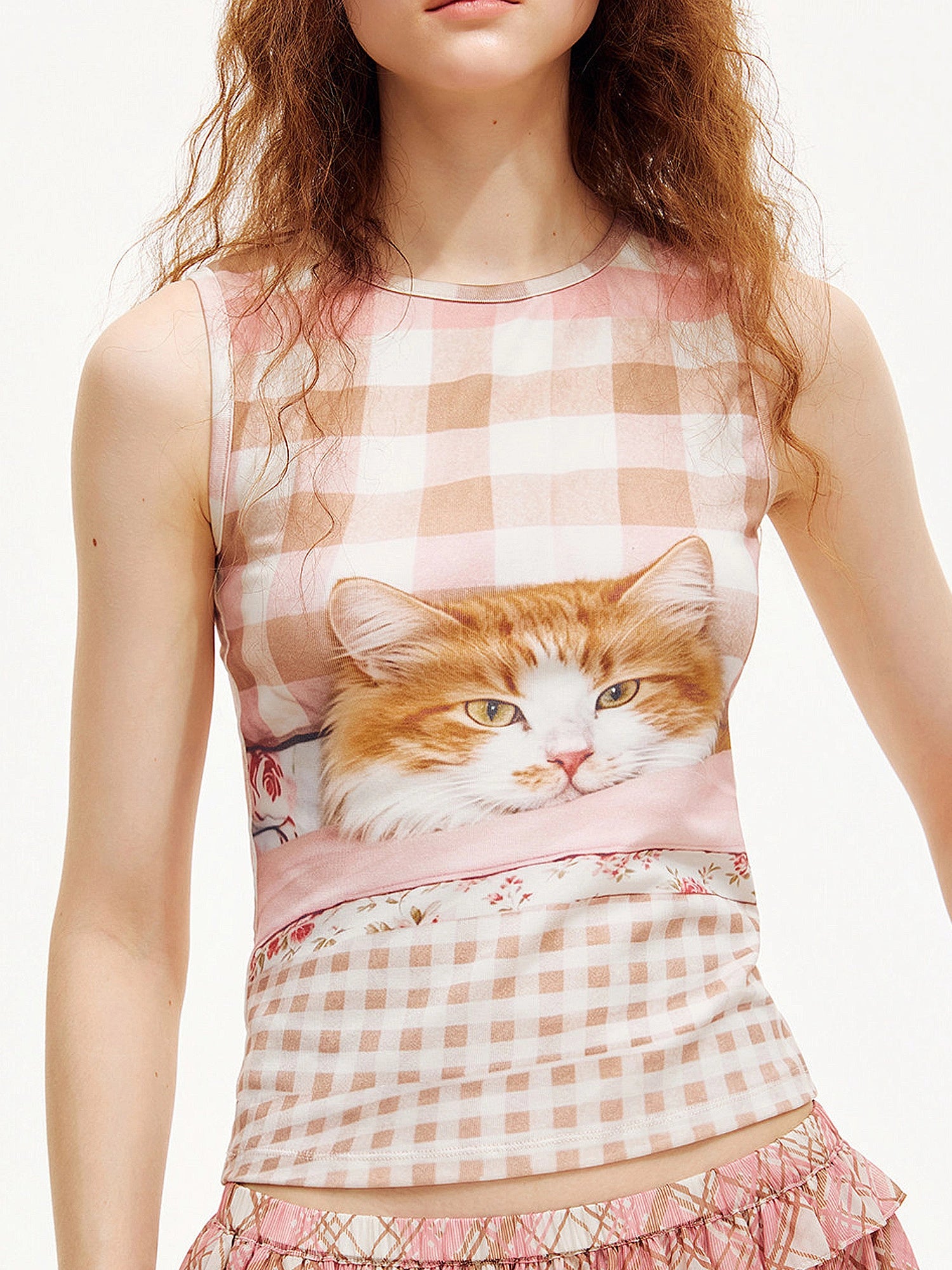 Outtheblue Gingham Cat Graphic Fitted Crop Tank Top | Canton Collective