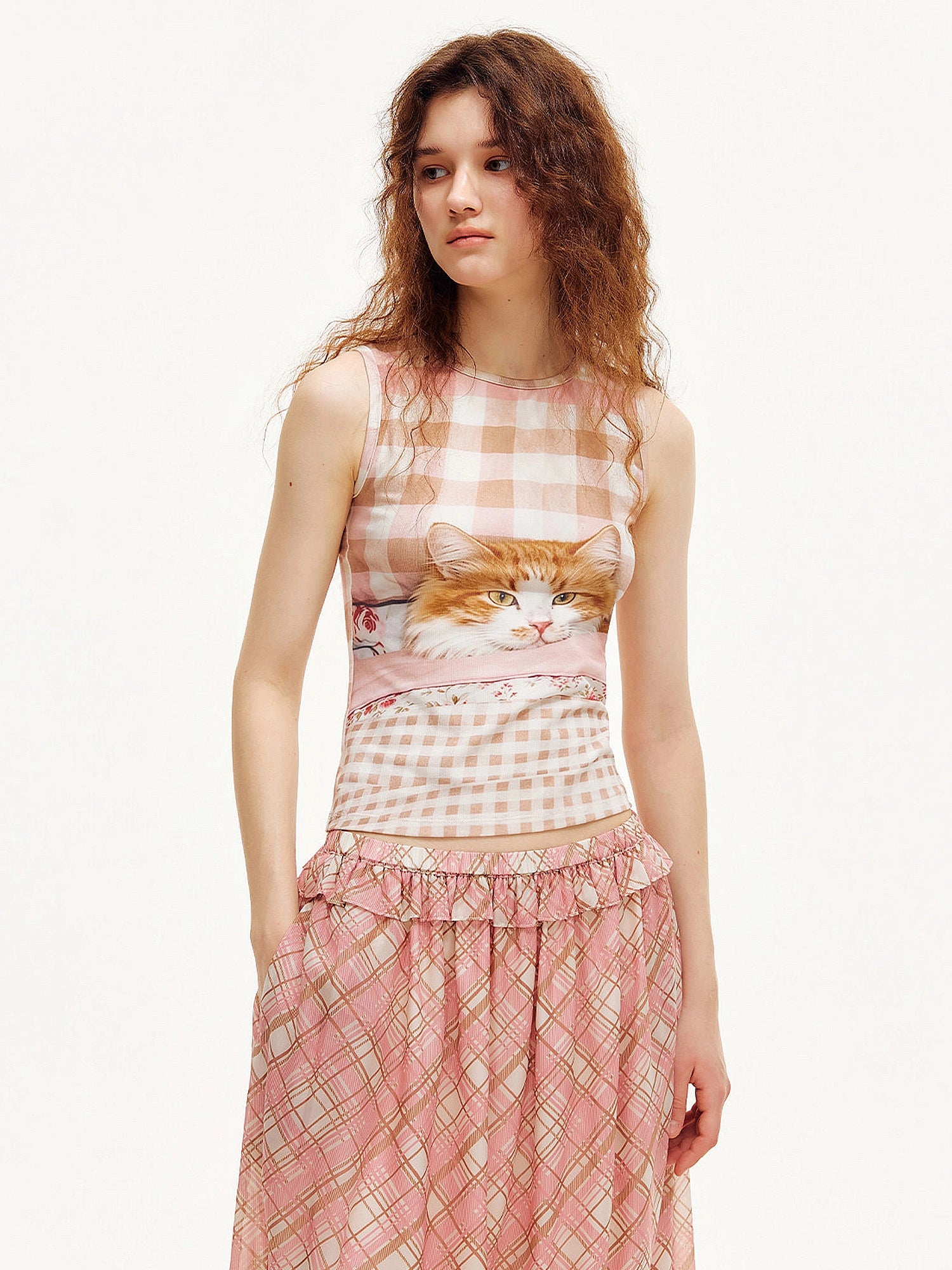 Outtheblue Gingham Cat Graphic Fitted Crop Tank Top | Canton Collective