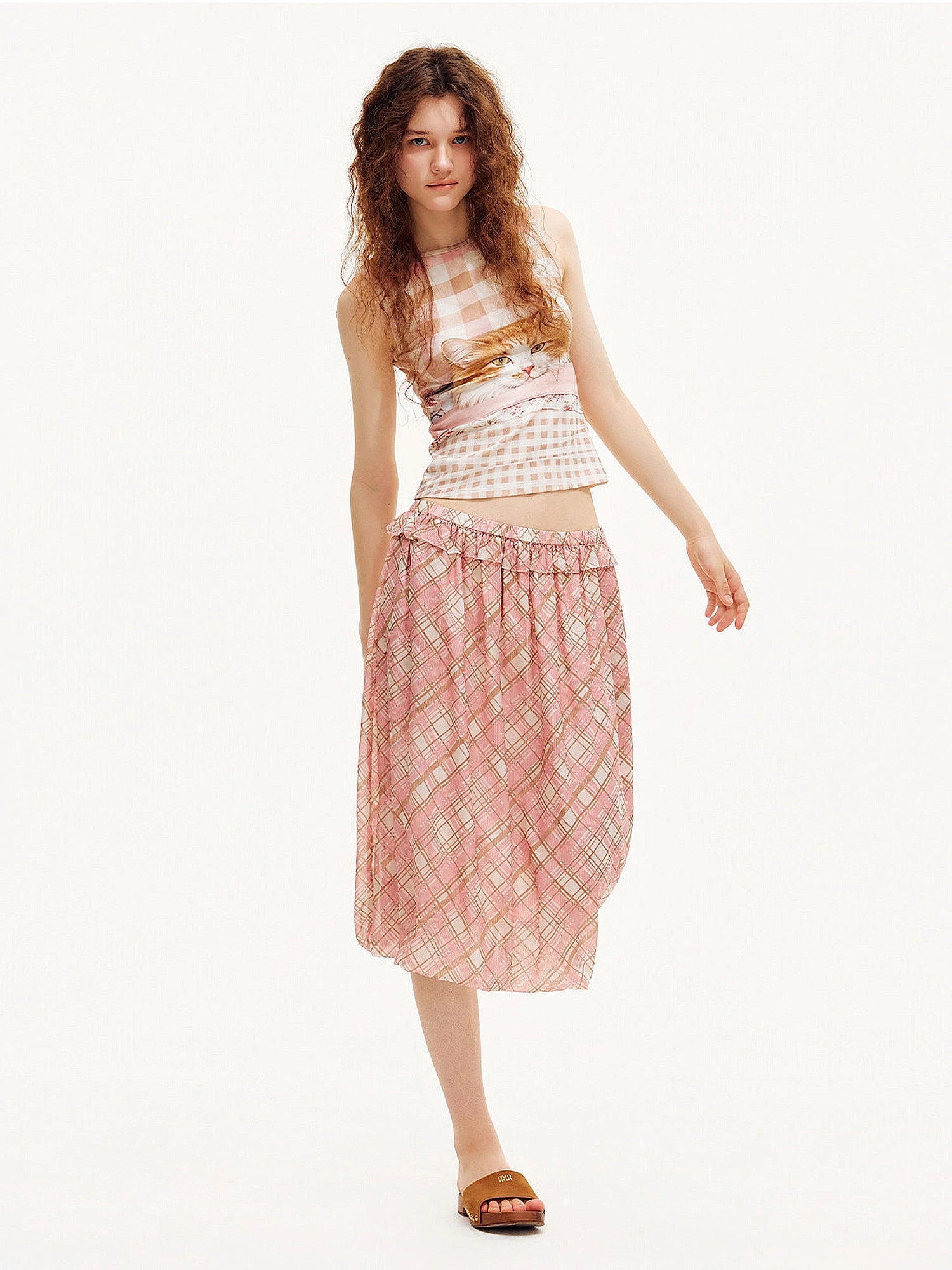 Outtheblue Gingham Cat Graphic Fitted Crop Tank Top | Canton Collective