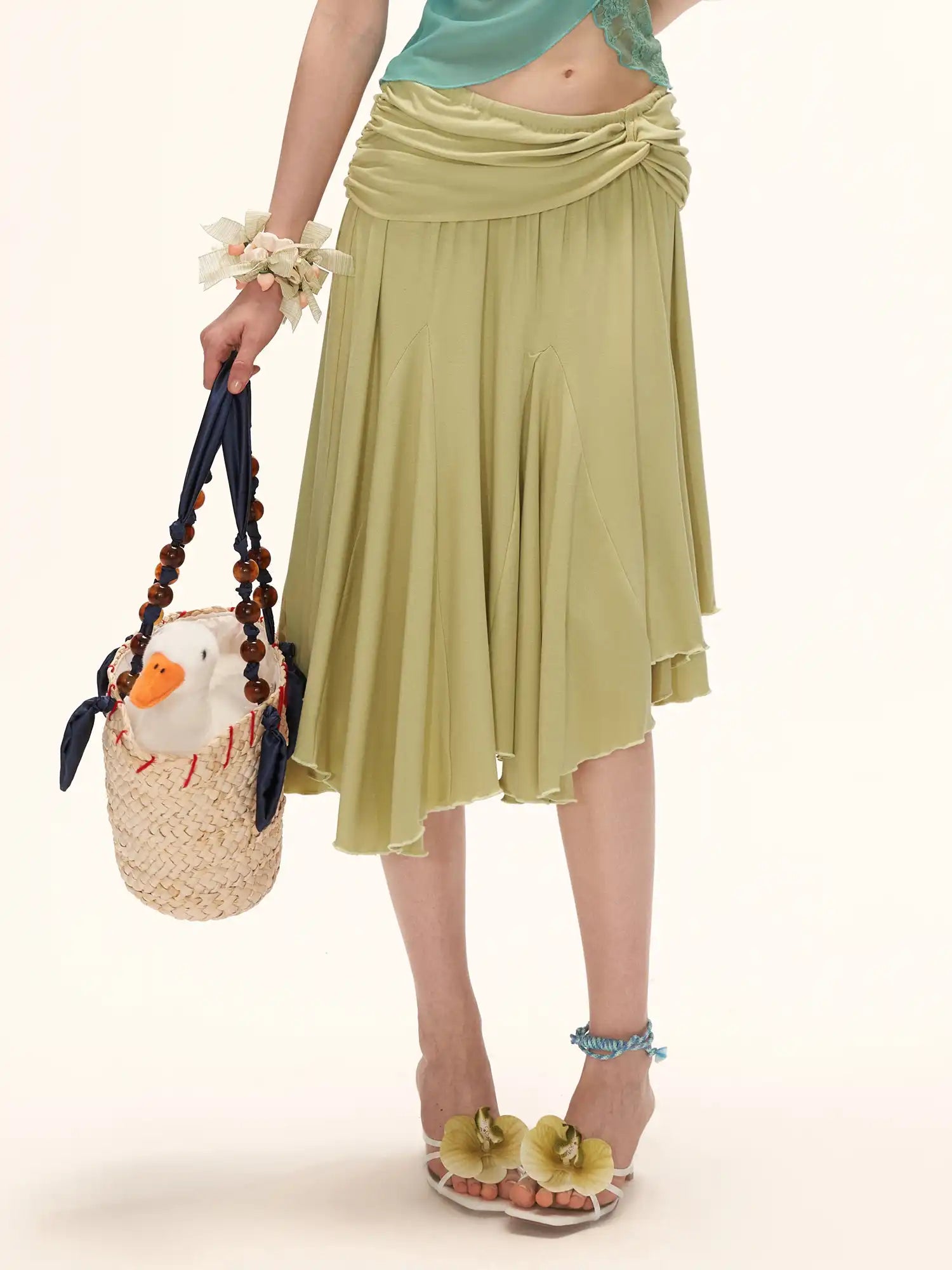 MAMC Green Fold Over Asymmetric Hem Midi Skirt | Canton Collective