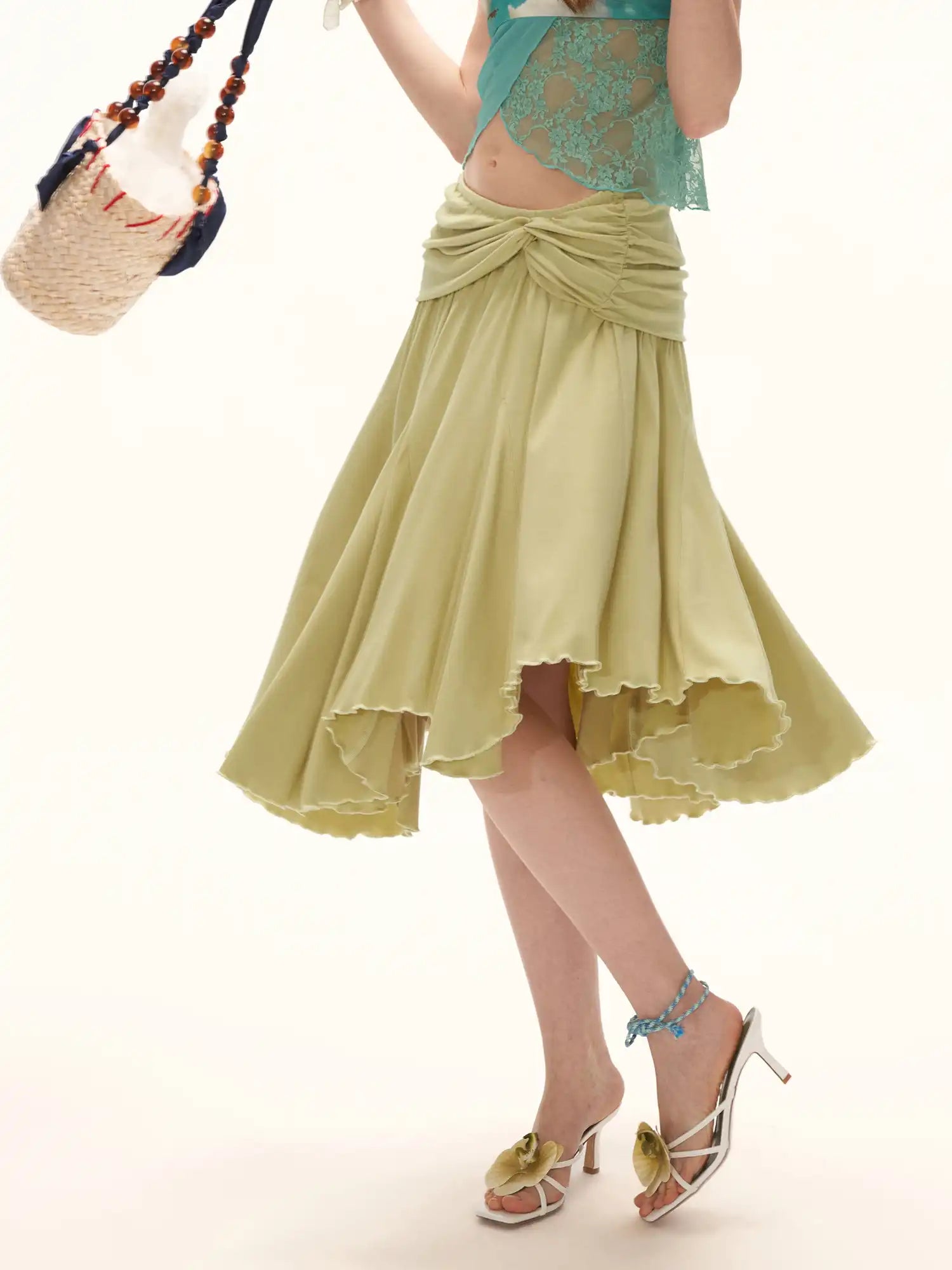 MAMC Green Fold Over Asymmetric Hem Midi Skirt | Canton Collective