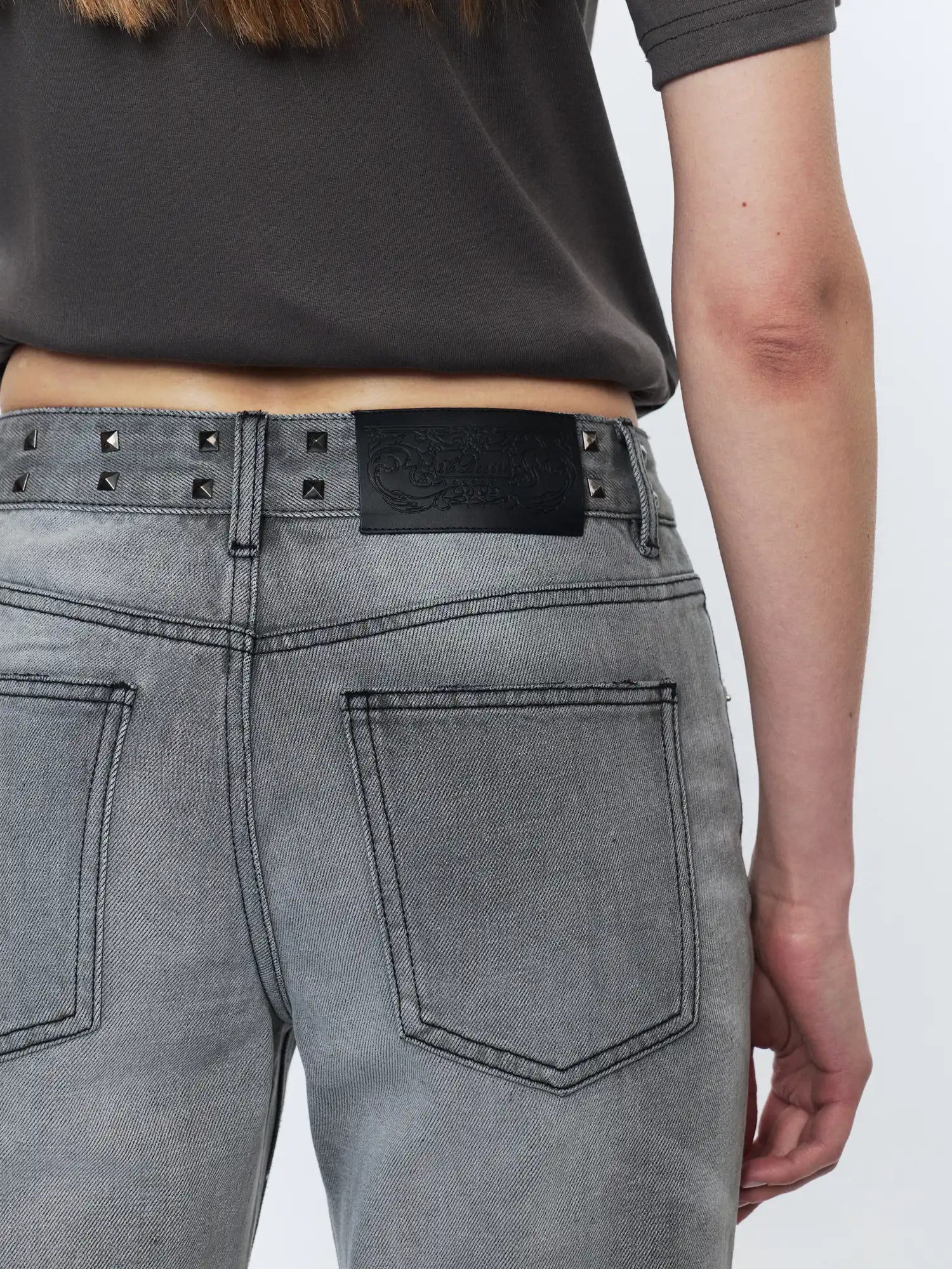 2th Desire Grey Whisker Wash Studded Waistband Jeans | Canton Collective