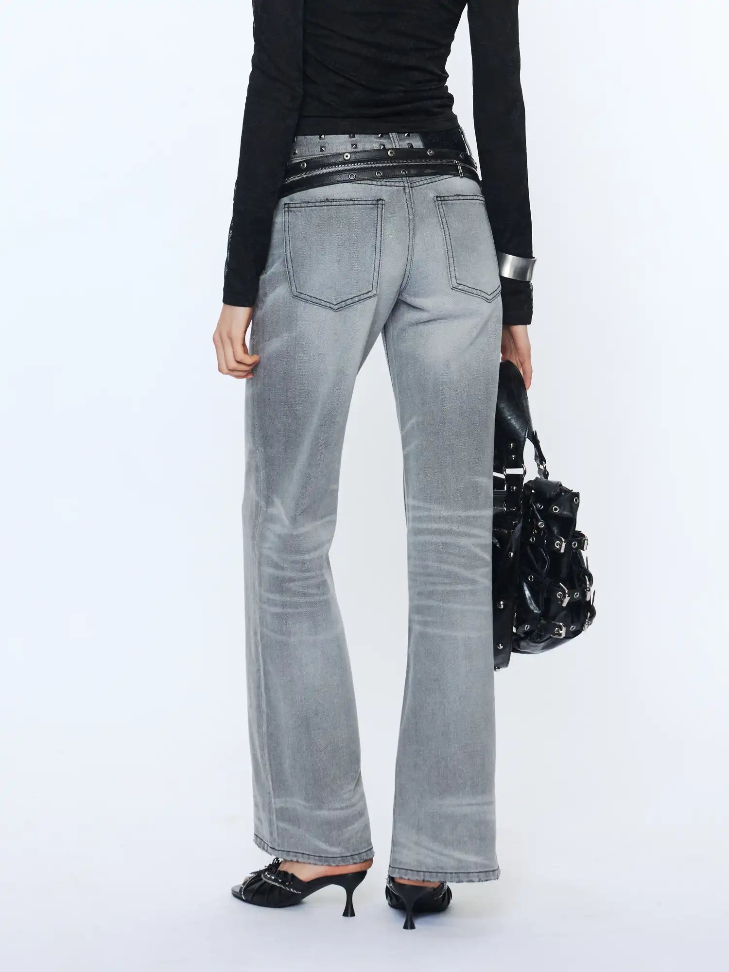 2th Desire Grey Whisker Wash Studded Waistband Jeans | Canton Collective