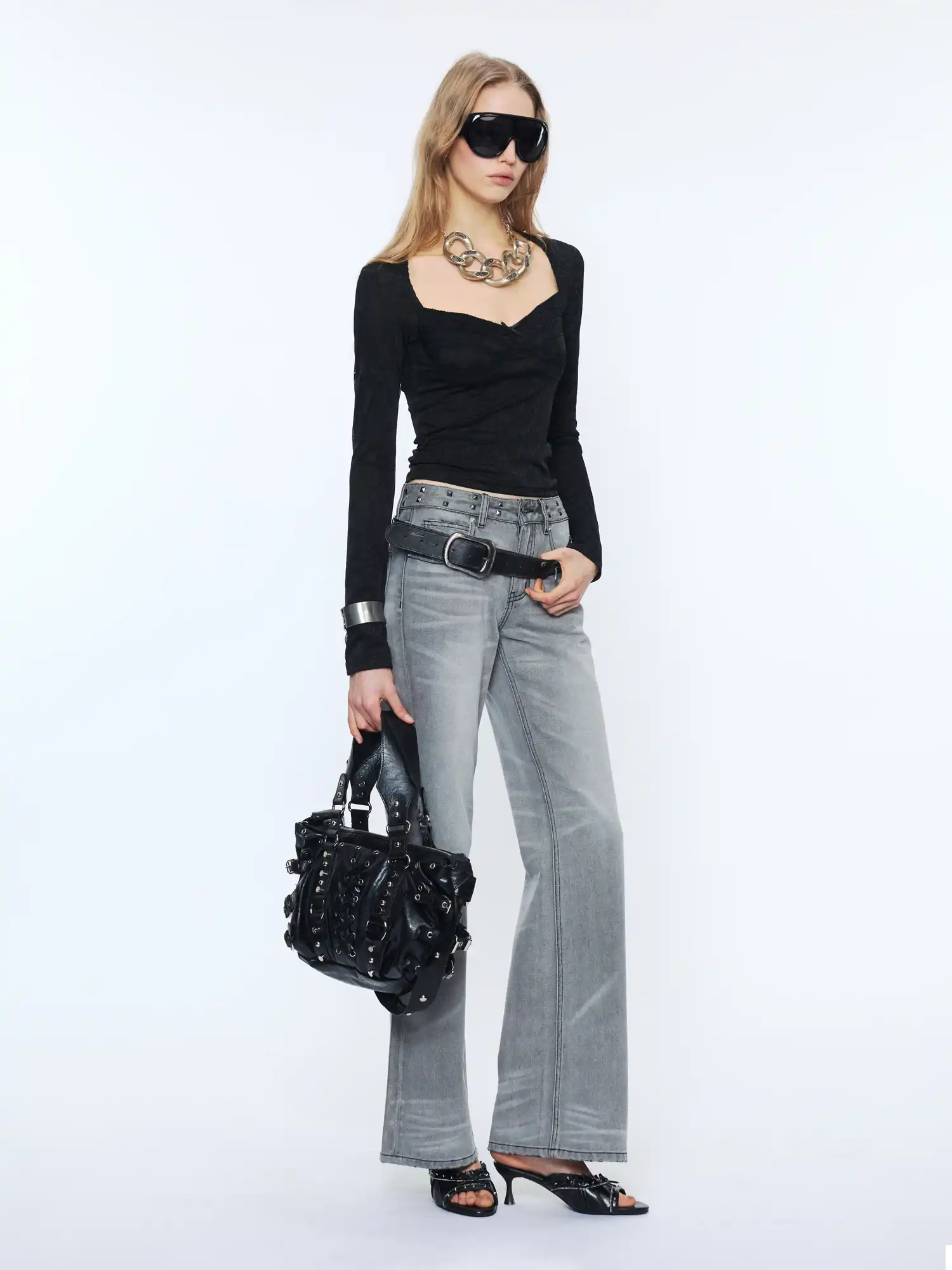 2th Desire Grey Whisker Wash Studded Waistband Jeans | Canton Collective