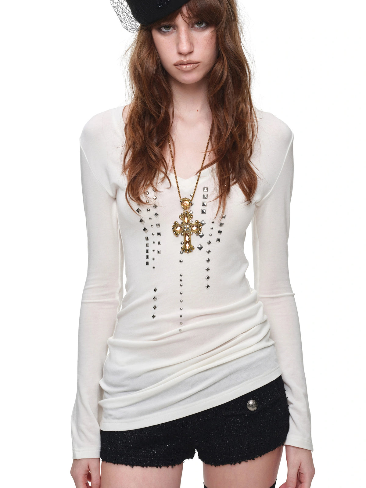 1Jinn Studio Grunge Studded Long Sleeve V Neck Top | Canton Collective