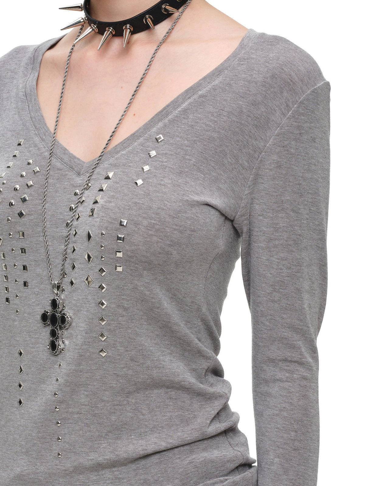 1Jinn Studio Grunge Studded Long Sleeve V Neck Top | Canton Collective