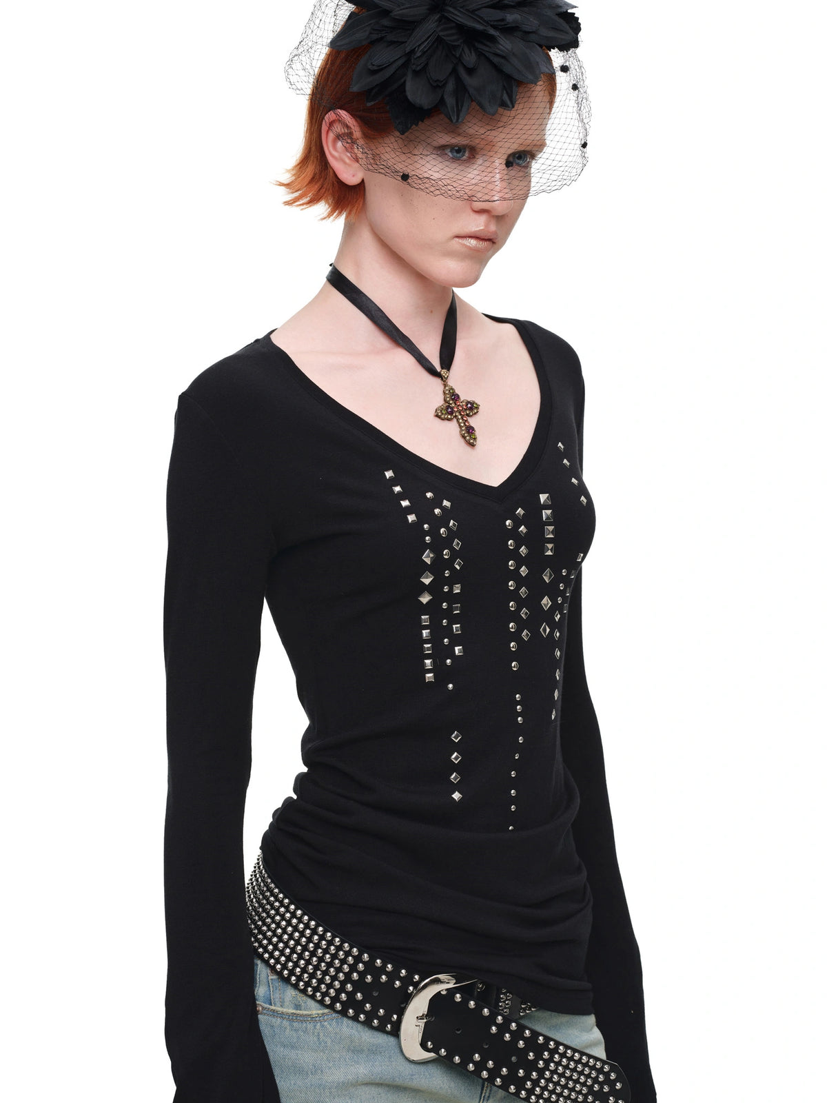 1Jinn Studio Grunge Studded Long Sleeve V Neck Top | Canton Collective