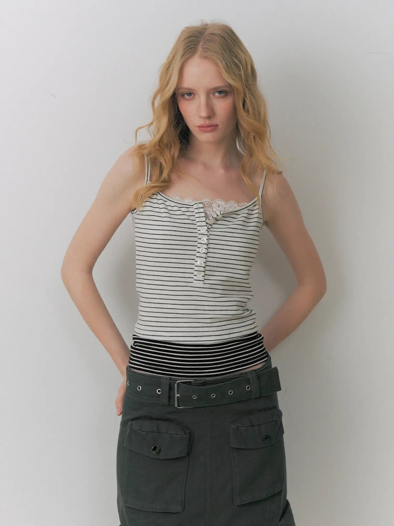 Deleteex Half Button Layered Stripe Cami Lace Top | Canton Collective