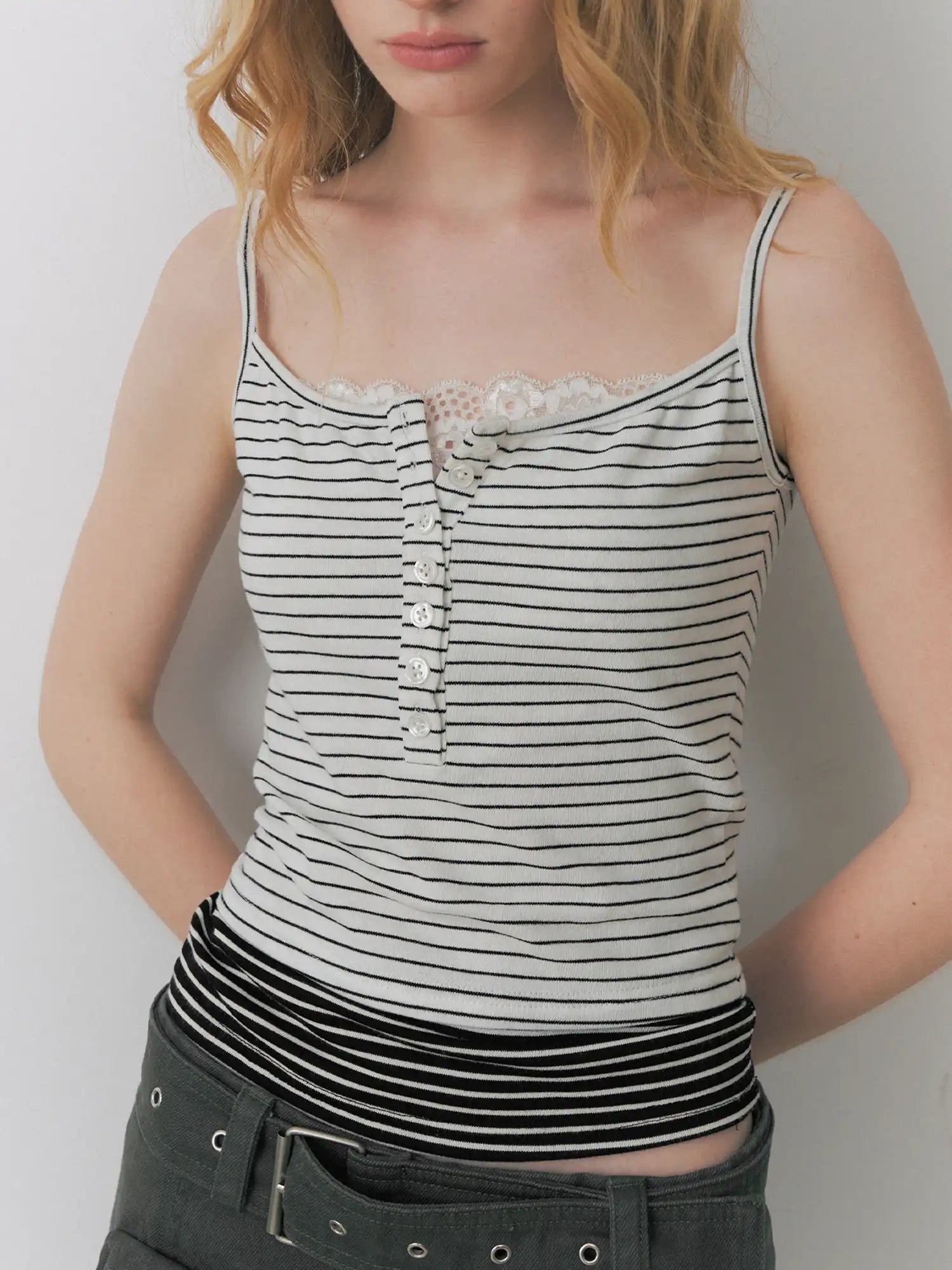 Deleteex Half Button Layered Stripe Cami Lace Top | Canton Collective