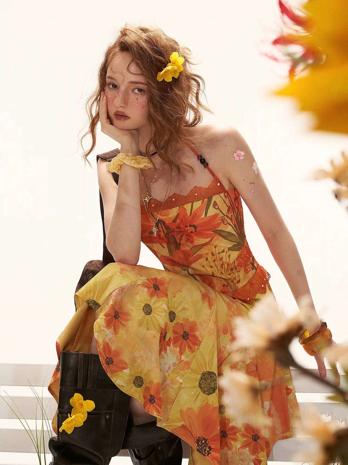 yellow floral halter dress Halterneck Tie Print Midi 65% Cotton Style:ST3239D Child  Size:8(130CM) Dolce Gabbana Blue Floral