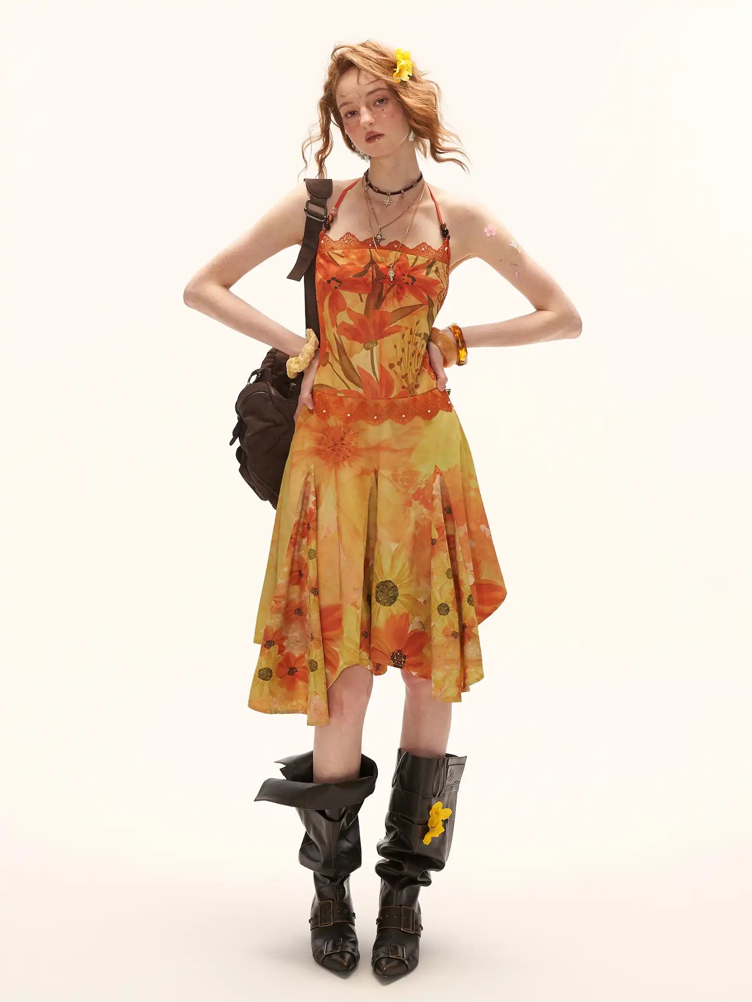 MAMC Halterneck Tie Yellow Floral Print Midi Dress | Canton Collective
