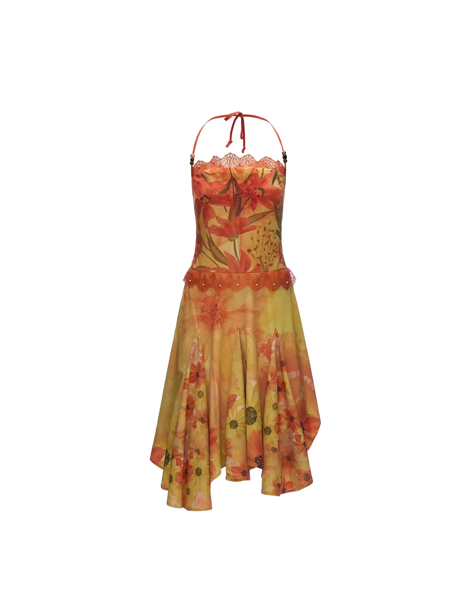 MAMC Halterneck Tie Yellow Floral Print Midi Dress | Canton Collective