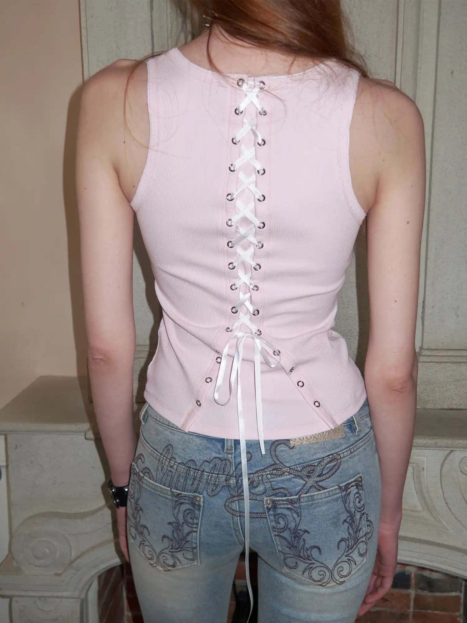 1Jinn Studio Hand Distressed Tank Top with Lace-up Back | Canton Collective