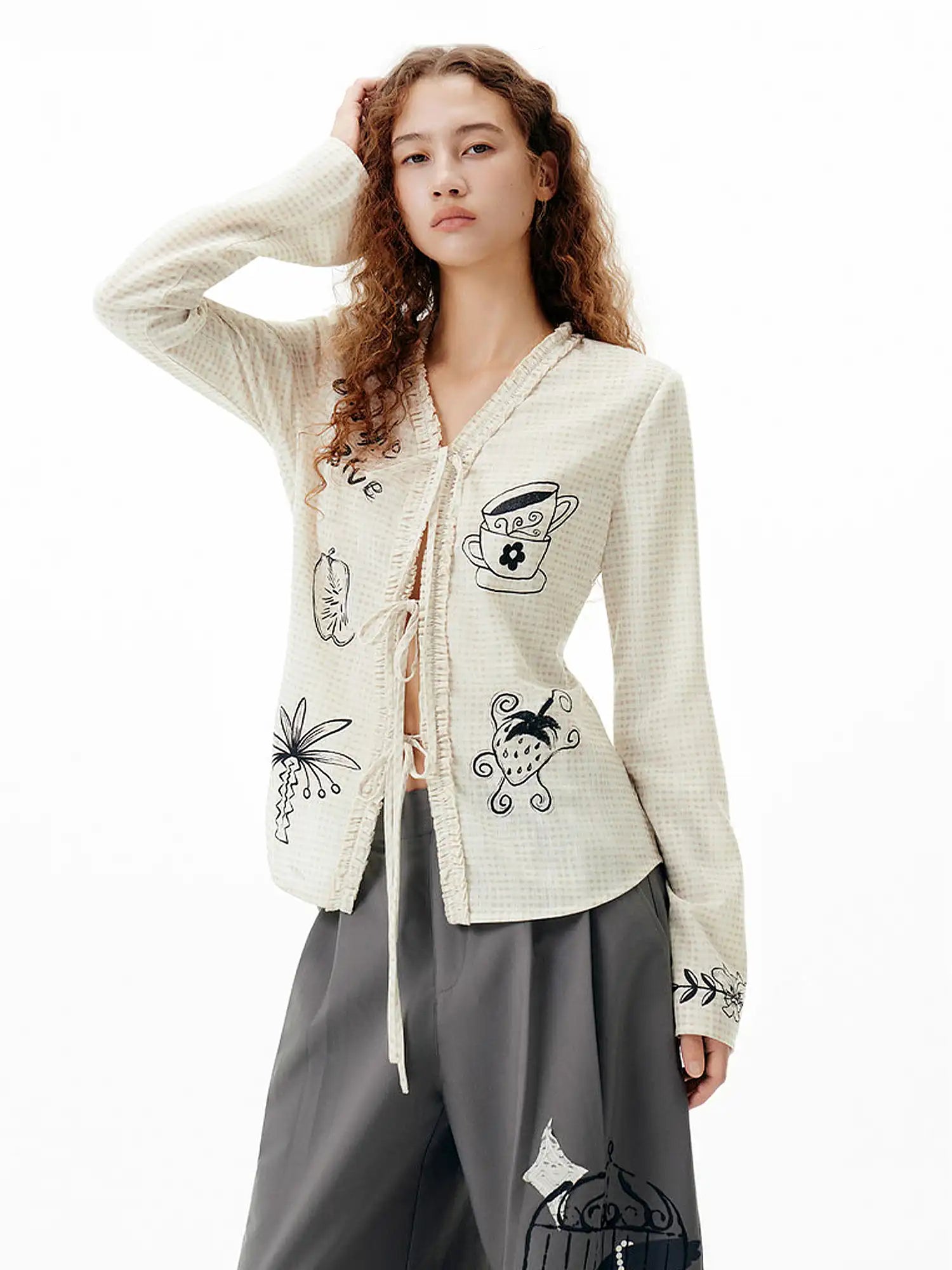 Outtheblue Illustrated Tie-Front Check Cardigan | Canton Collective