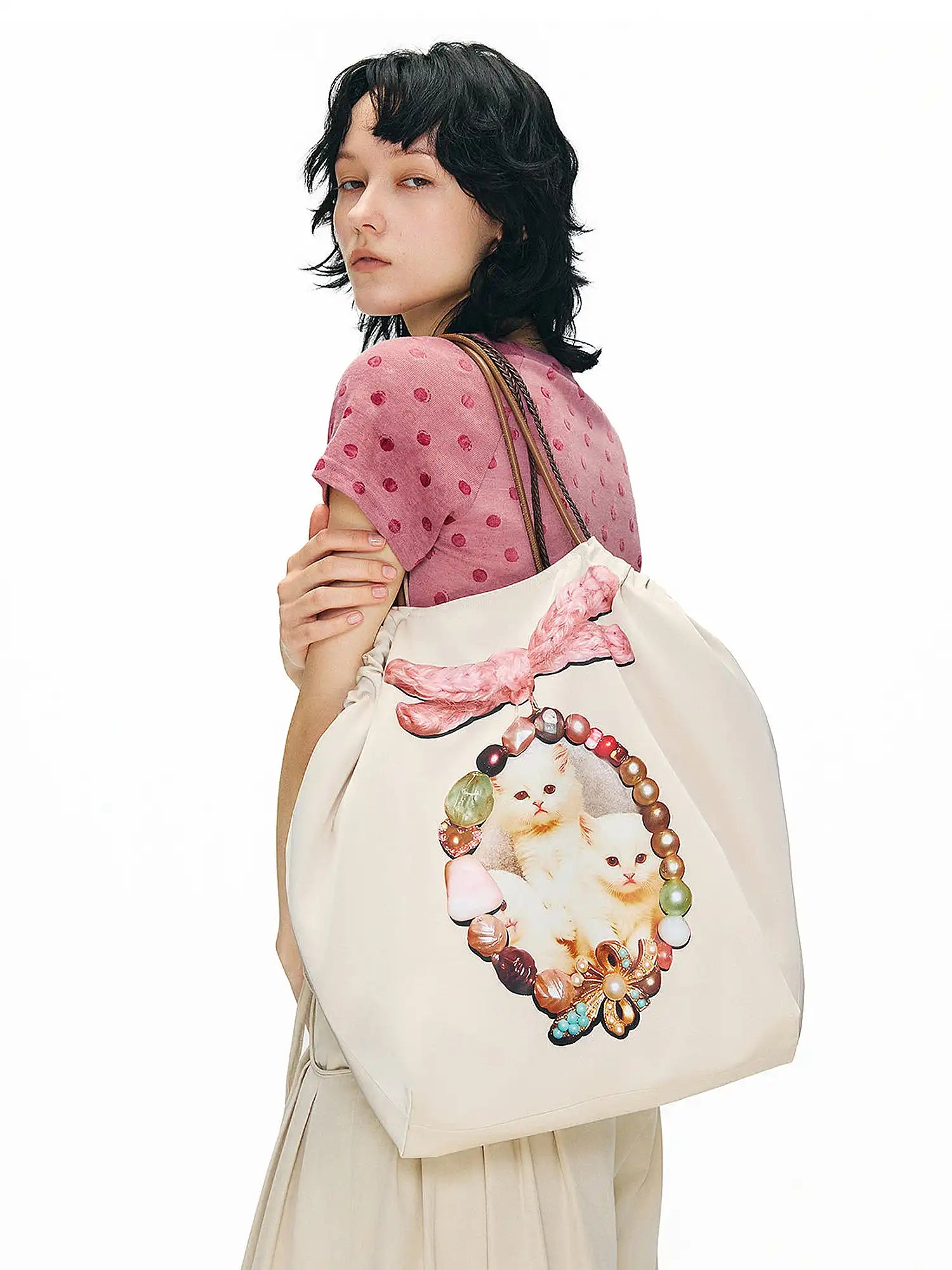 Outtheblue Jewel Cat Satin Drawstring Bucket Bag | Canton Collective