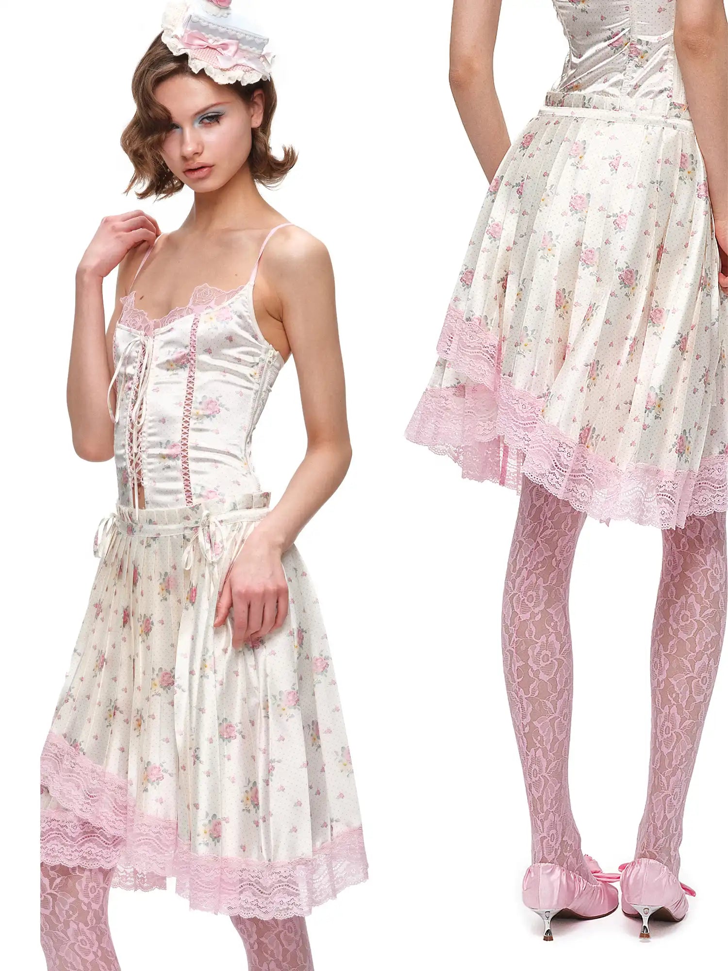 1Jinn Studio Lace Trim Asymmetric Hem Bow Waist Pleated Skirt | Canton Collective