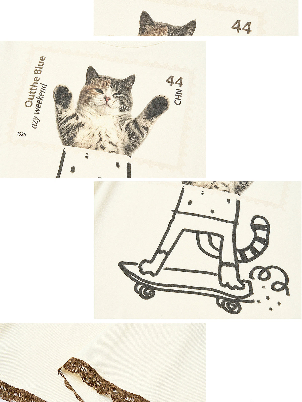Outtheblue Lace Trim Cat Graphic Long Sleeve Tee | Canton Collective