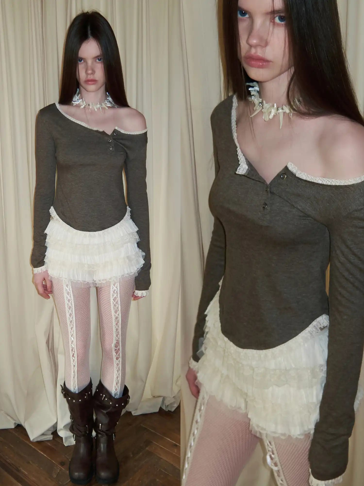 1Jinn Studio Lace Trim Diagonal Placket Henley Tee With One Shoulder | Canton Collective