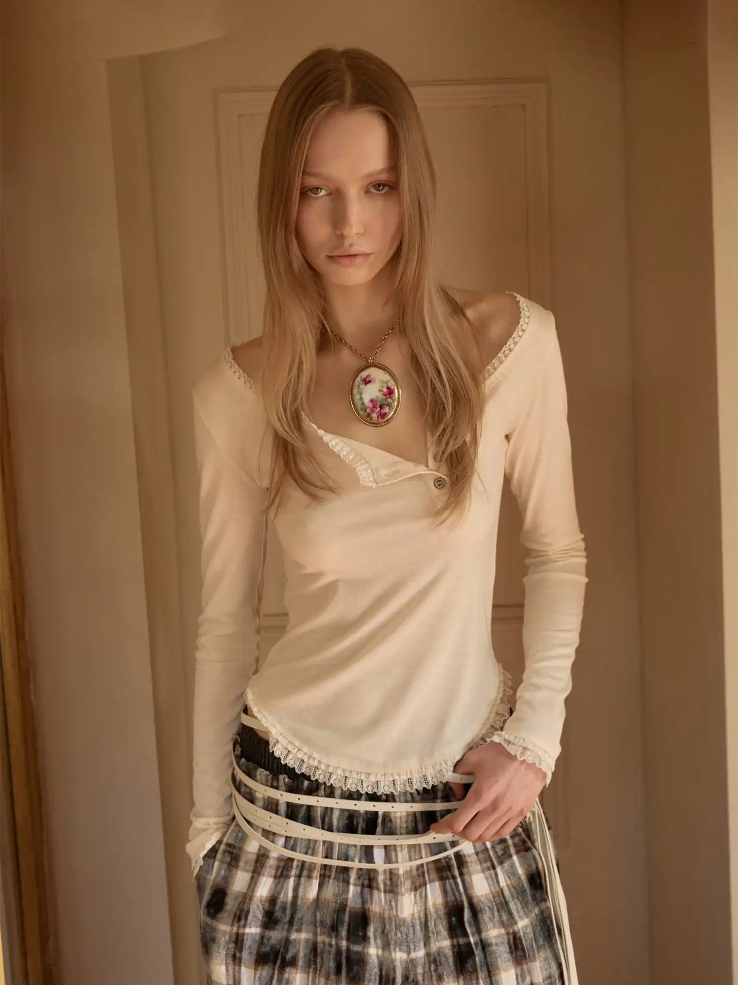 1Jinn Studio Lace Trim Diagonal Placket Henley Tee With One Shoulder | Canton Collective