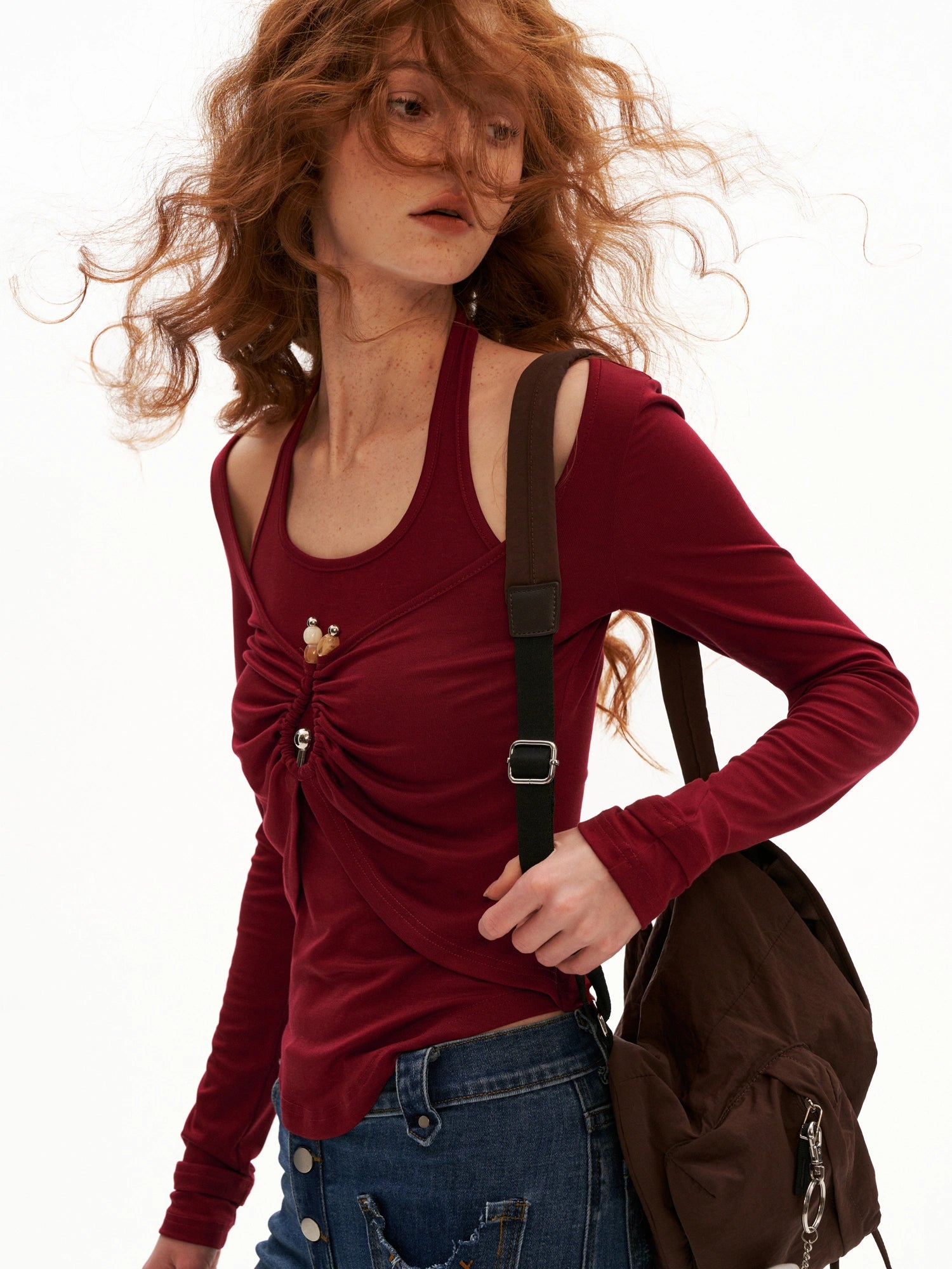 MAMC Layered Halter Ruched Long Sleeve Top | Canton Collective