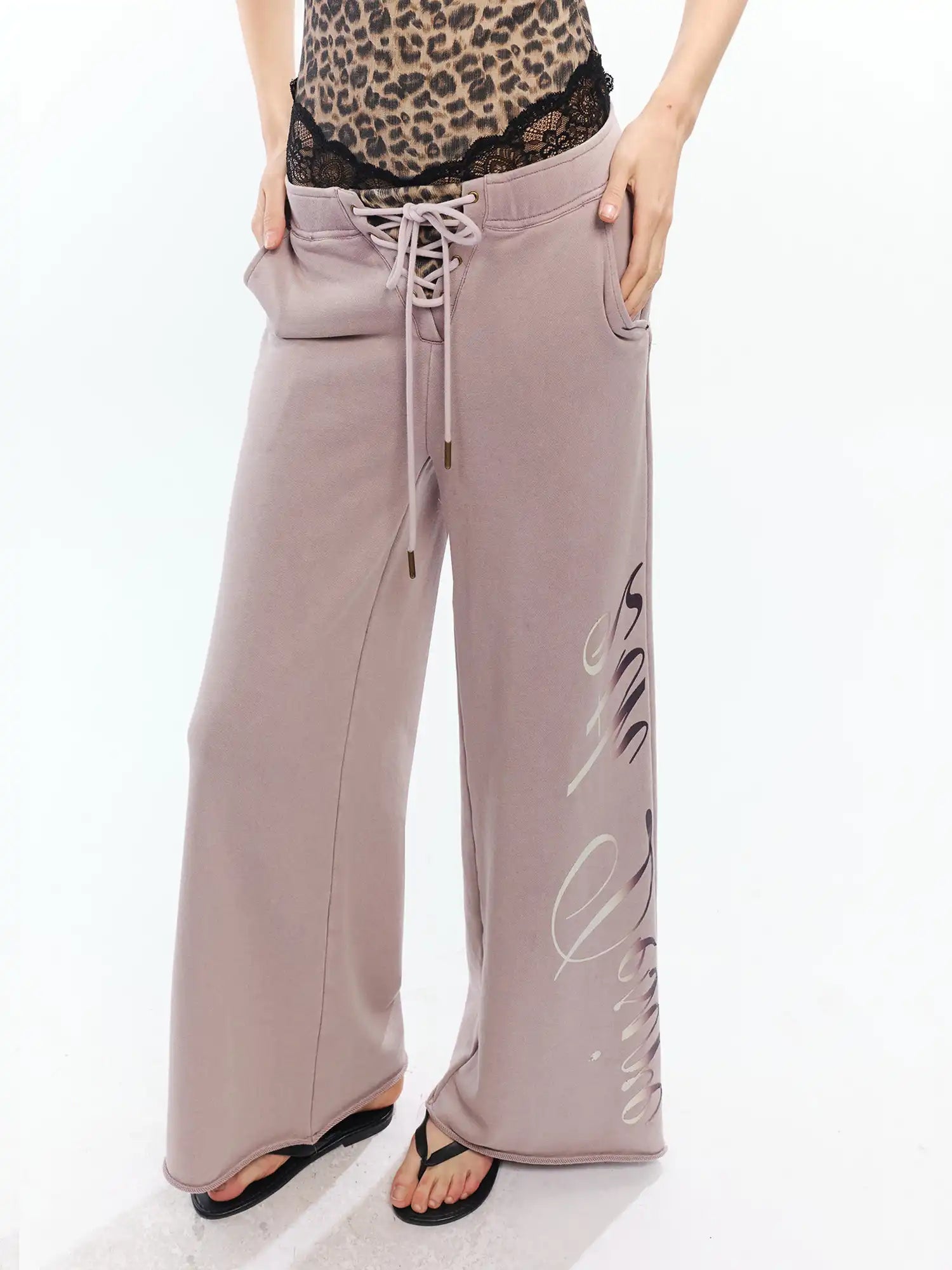 2th Desire Leopard Lace Up Wide Leg Pants | Canton Collective