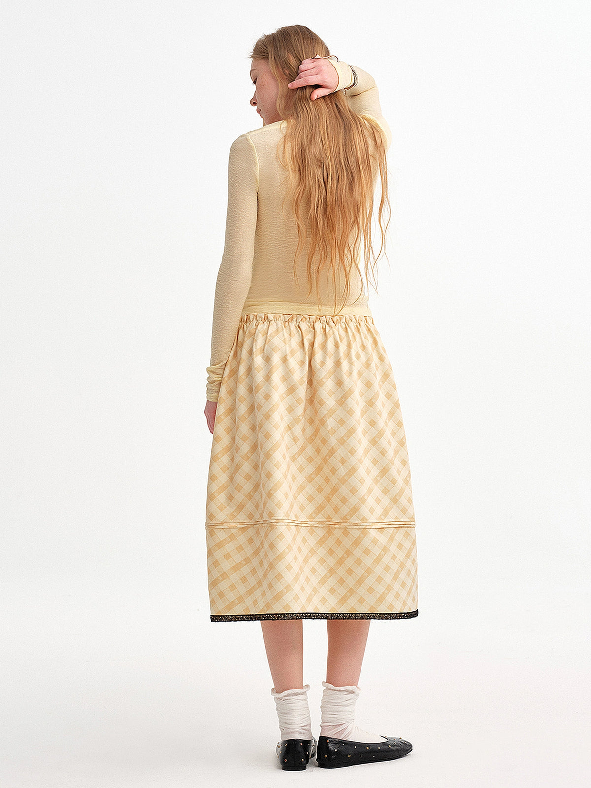 Outtheblue Light Yellow Gingham Lace Hem Midi Skirt | Canton Collective