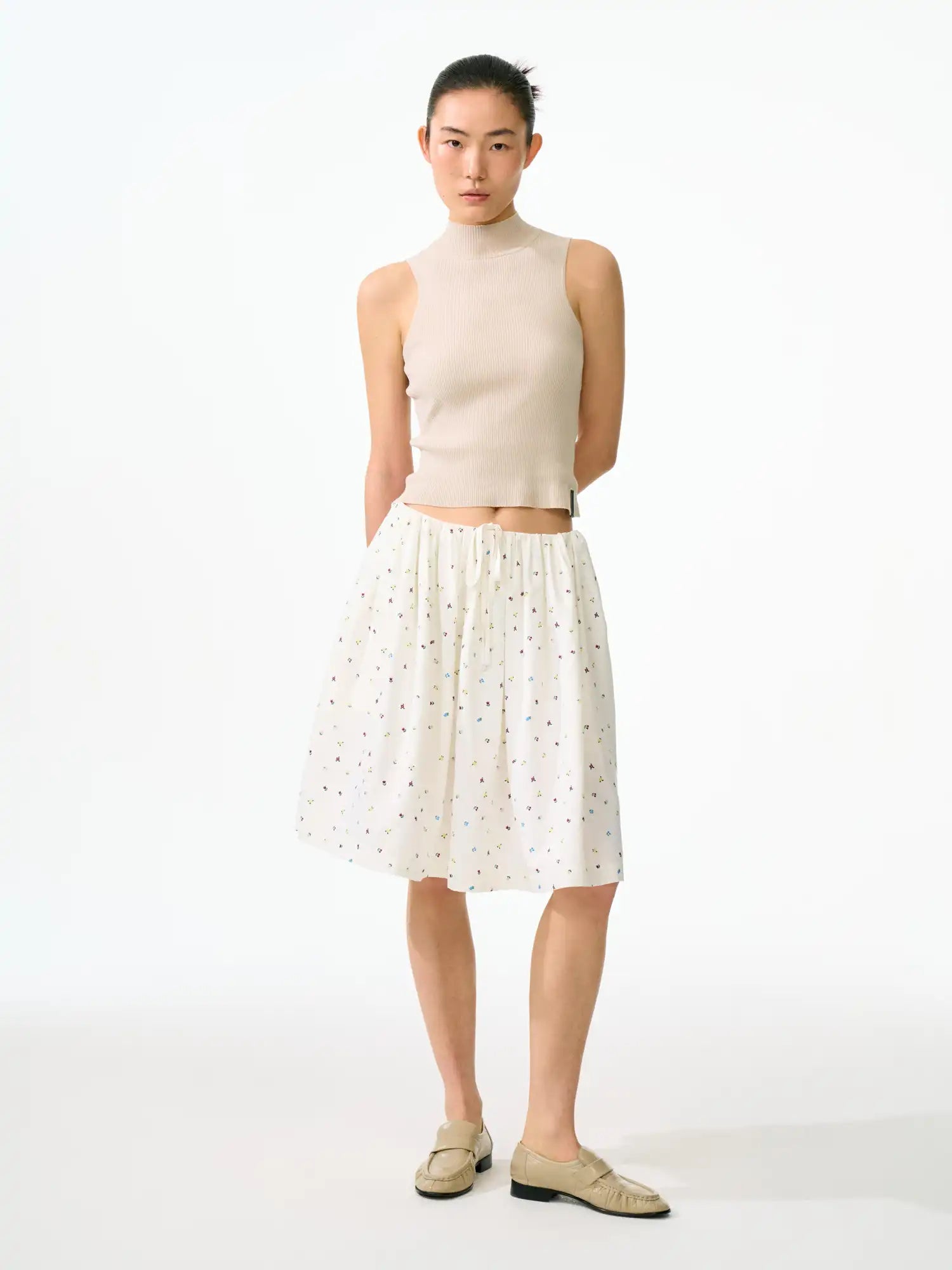 FirstFloor Lightweight Floral Elastic Drawstring Waist Midi Skirt | Canton Collective