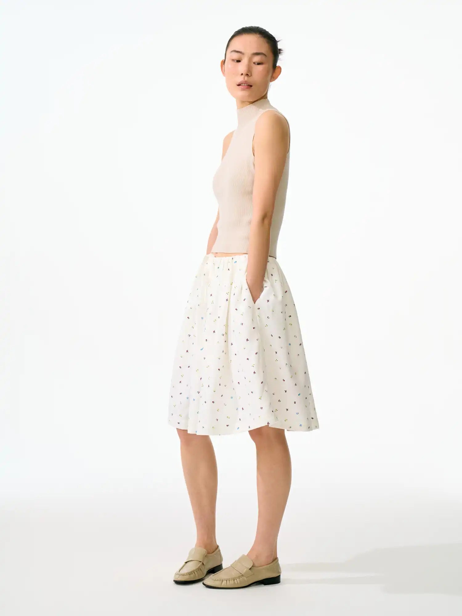 FirstFloor Lightweight Floral Elastic Drawstring Waist Midi Skirt | Canton Collective