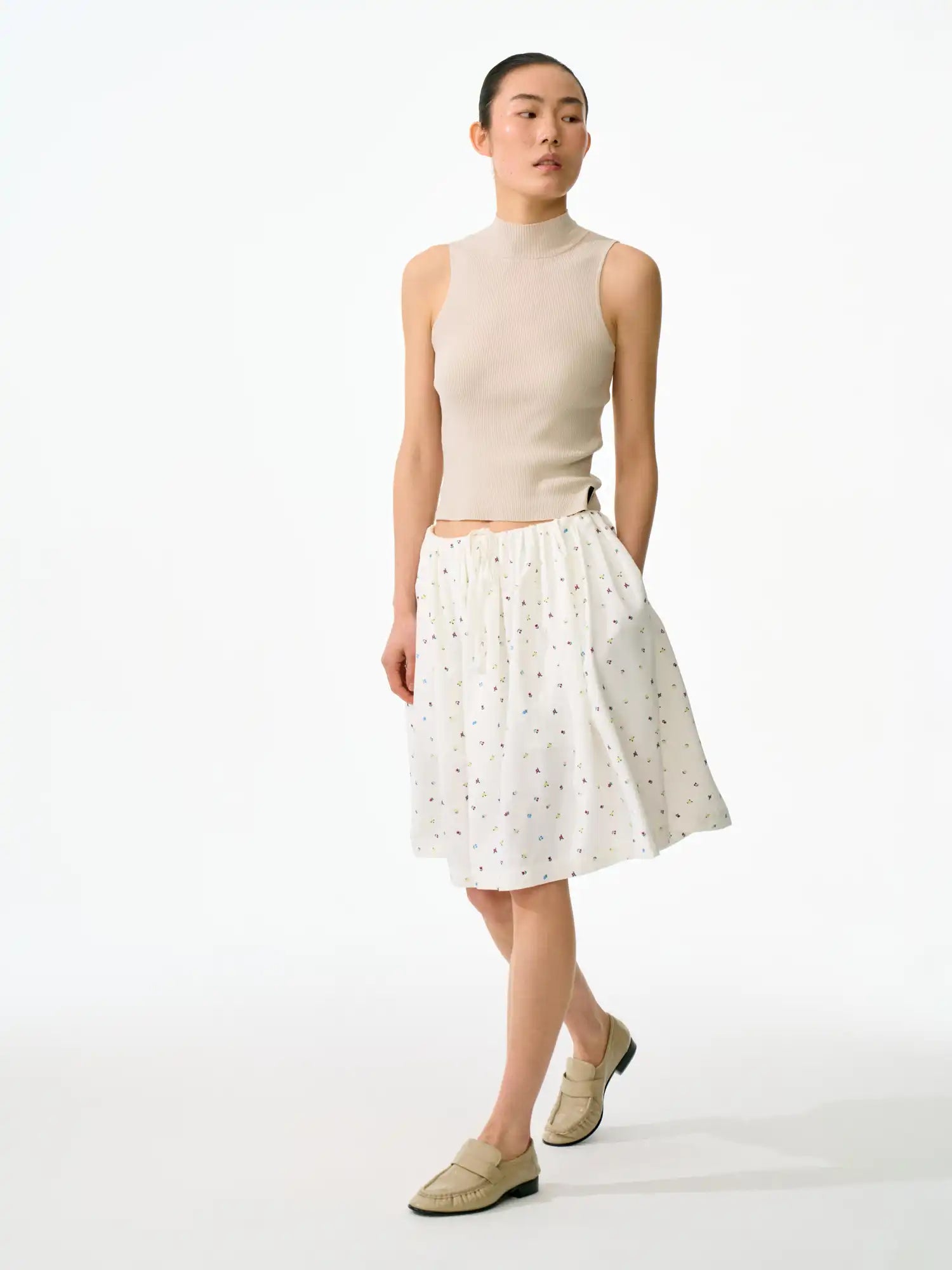 FirstFloor Lightweight Floral Elastic Drawstring Waist Midi Skirt | Canton Collective