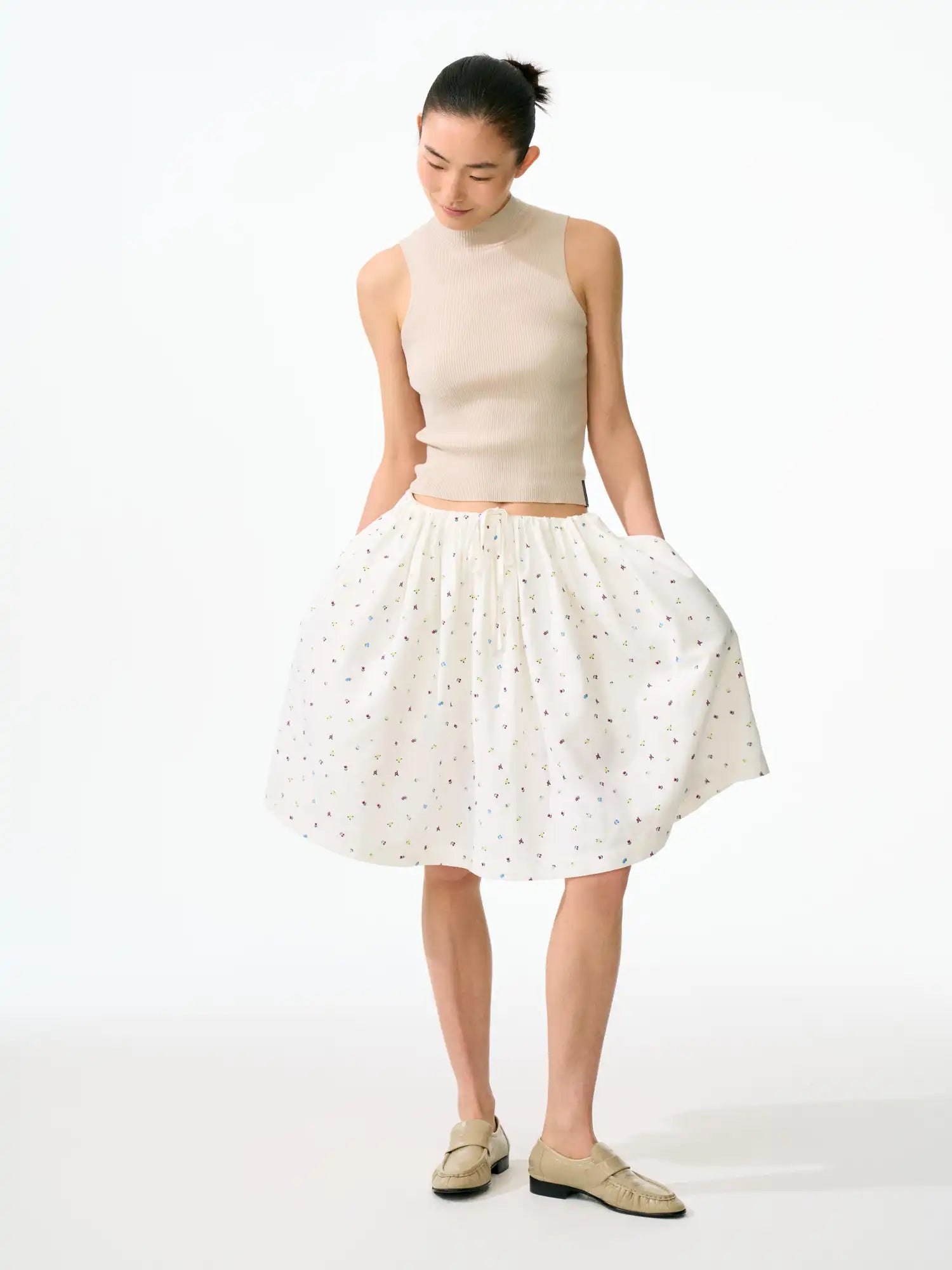 FirstFloor Lightweight Floral Elastic Drawstring Waist Midi Skirt | Canton Collective