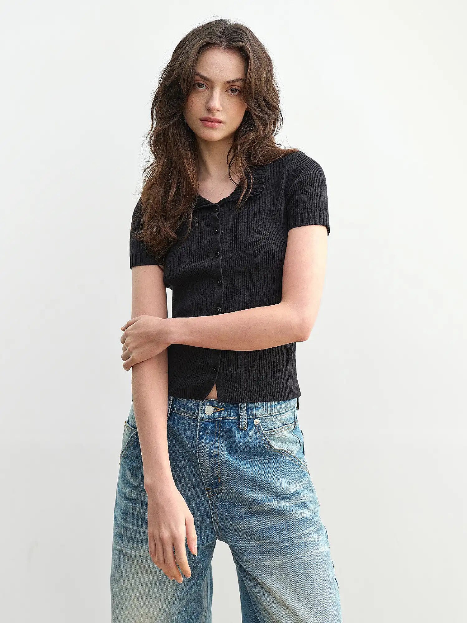 Muse Naps Linen Blend Button Front Ribbed Knit Top | Canton Collective