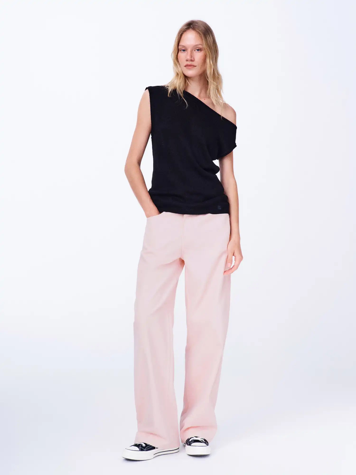 First Floor Linen Tencel Knit Asymmetric Off Shoulder Top | Canton Collective