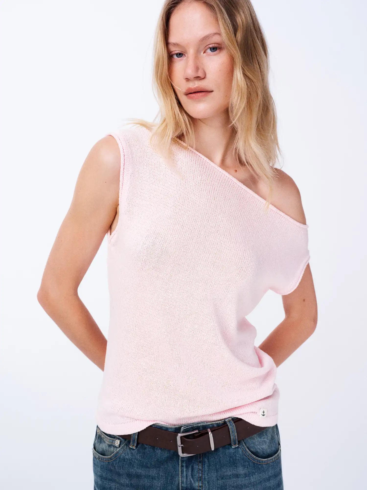 First Floor Linen Tencel Knit Asymmetric Off Shoulder Top | Canton Collective