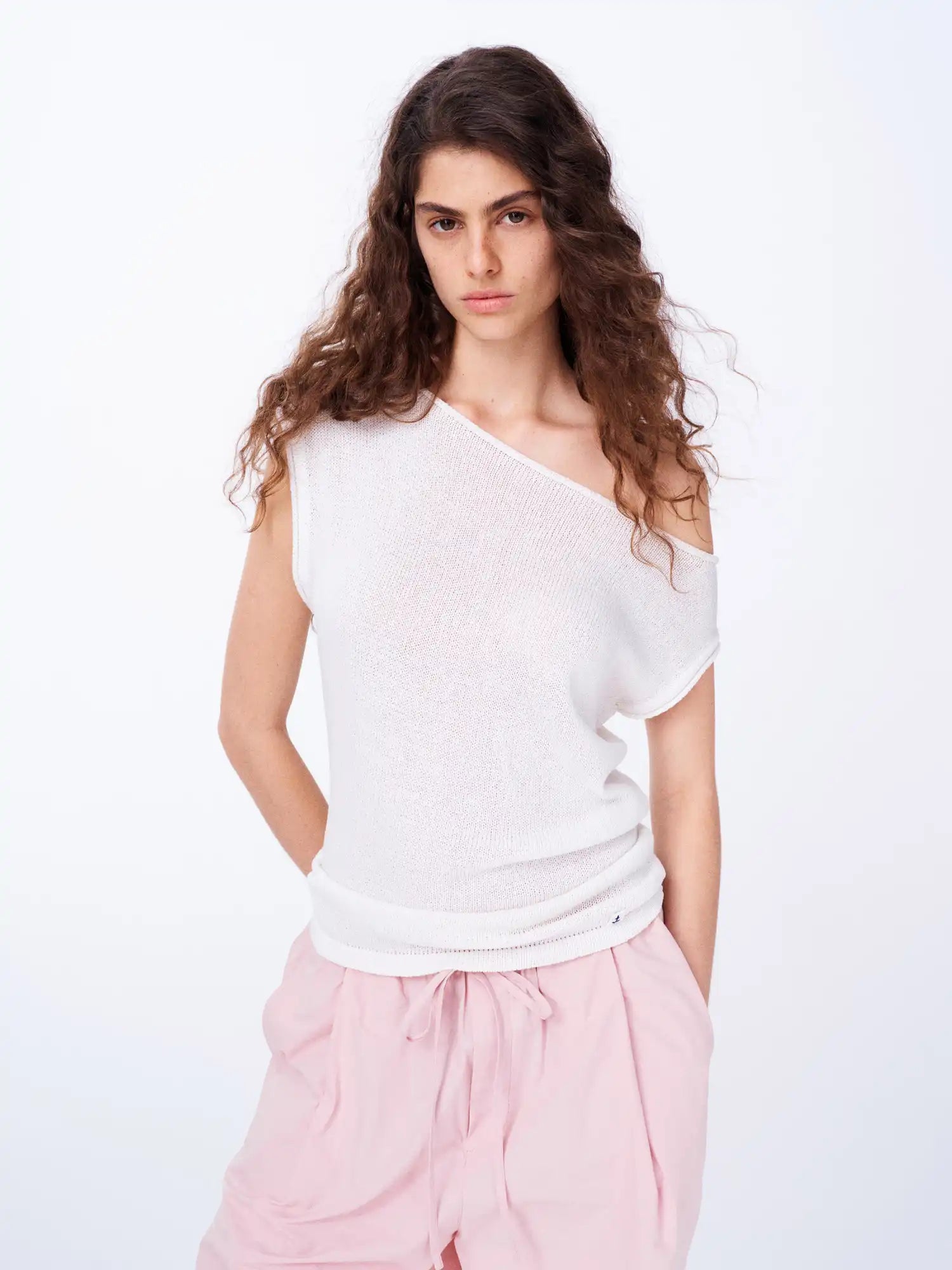 First Floor Linen Tencel Knit Asymmetric Off Shoulder Top | Canton Collective